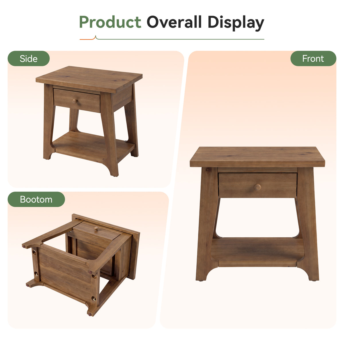Solid Wood End Table, Narrow Side Table with Drawer & Open Shelf for Small Spaces