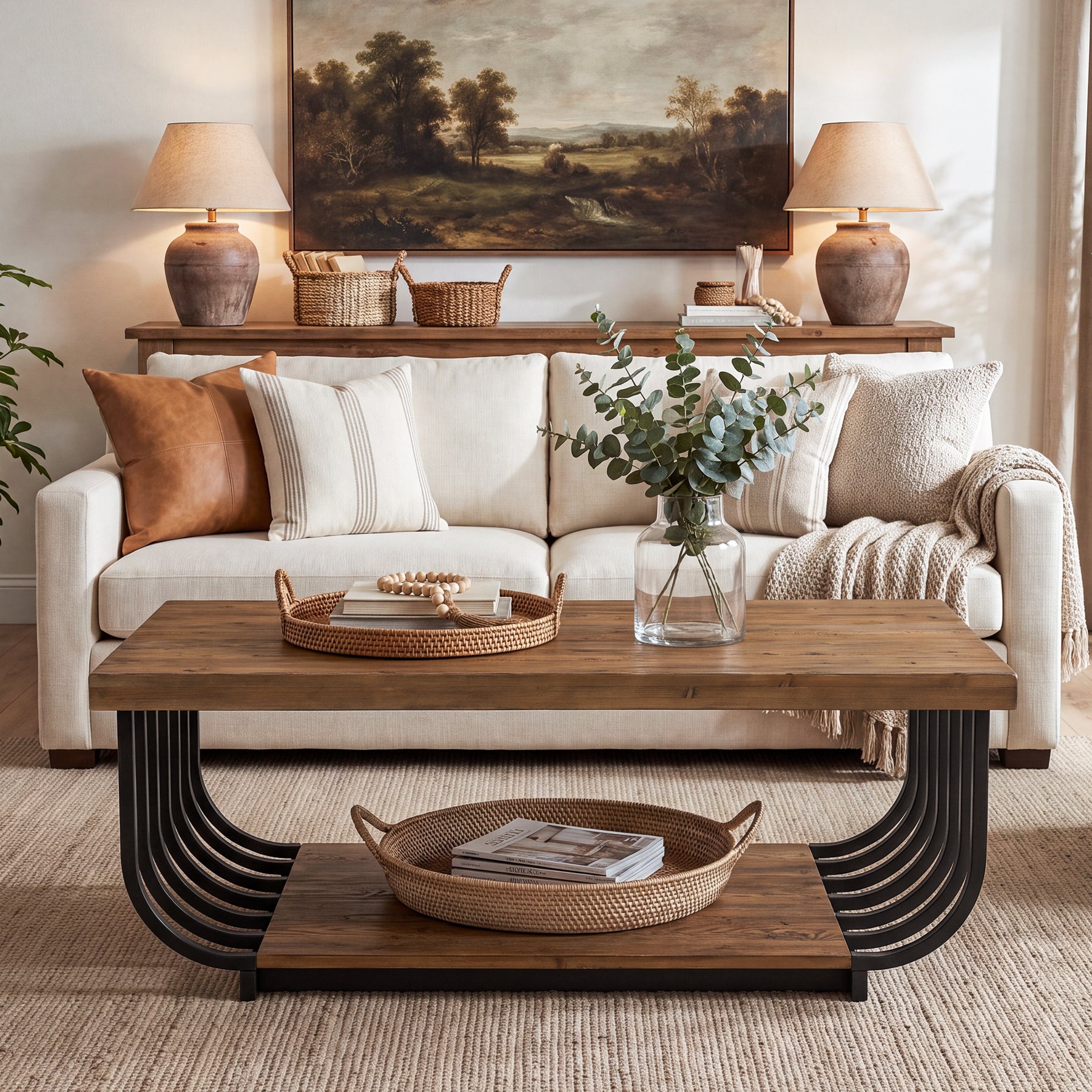 47" Solid Wood Coffee Table, Rectangle Center Table with 2-Tier Storage & Metal Frame