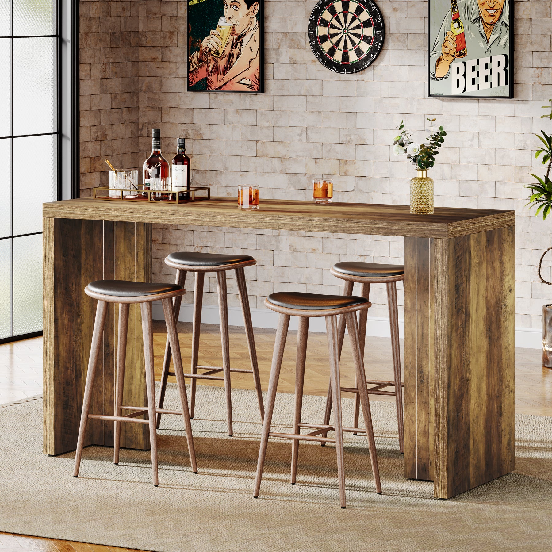 55" Counter Height Bar Unit with Faux Marble Top, Rectangular Home Pub Table