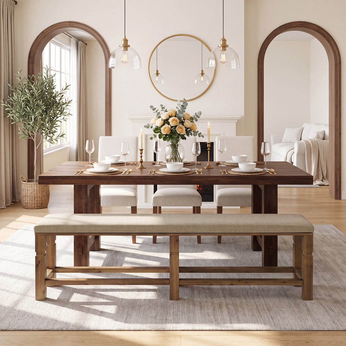 70.87" Upholstered Solid Wood Dining Bench with Linen Fabric Cushion