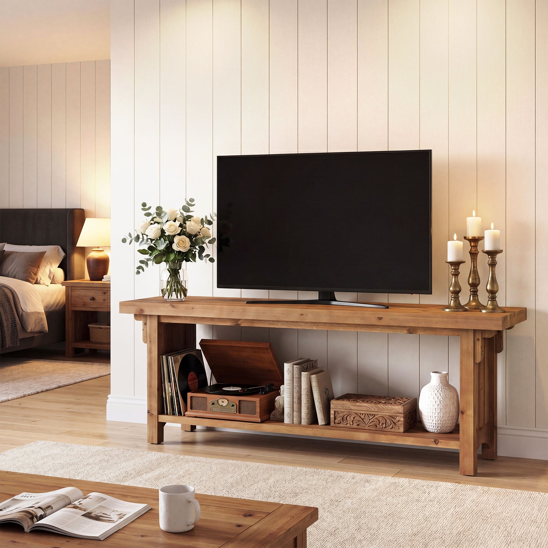 63" Solid Wood TV Stand, Farmhouse Entertainment Center with Storage Shelf for 75" TVs