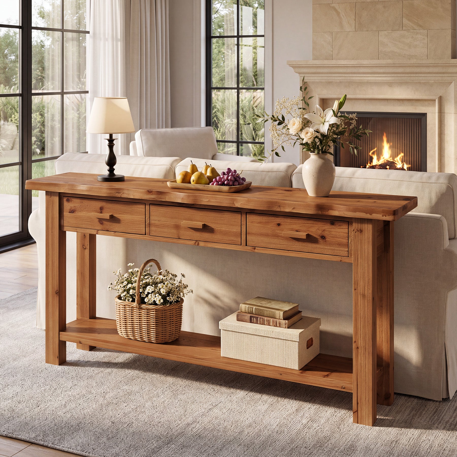 70.9" Solid Wood Console Table, Entryway Table with 3 Drawers For Living Room