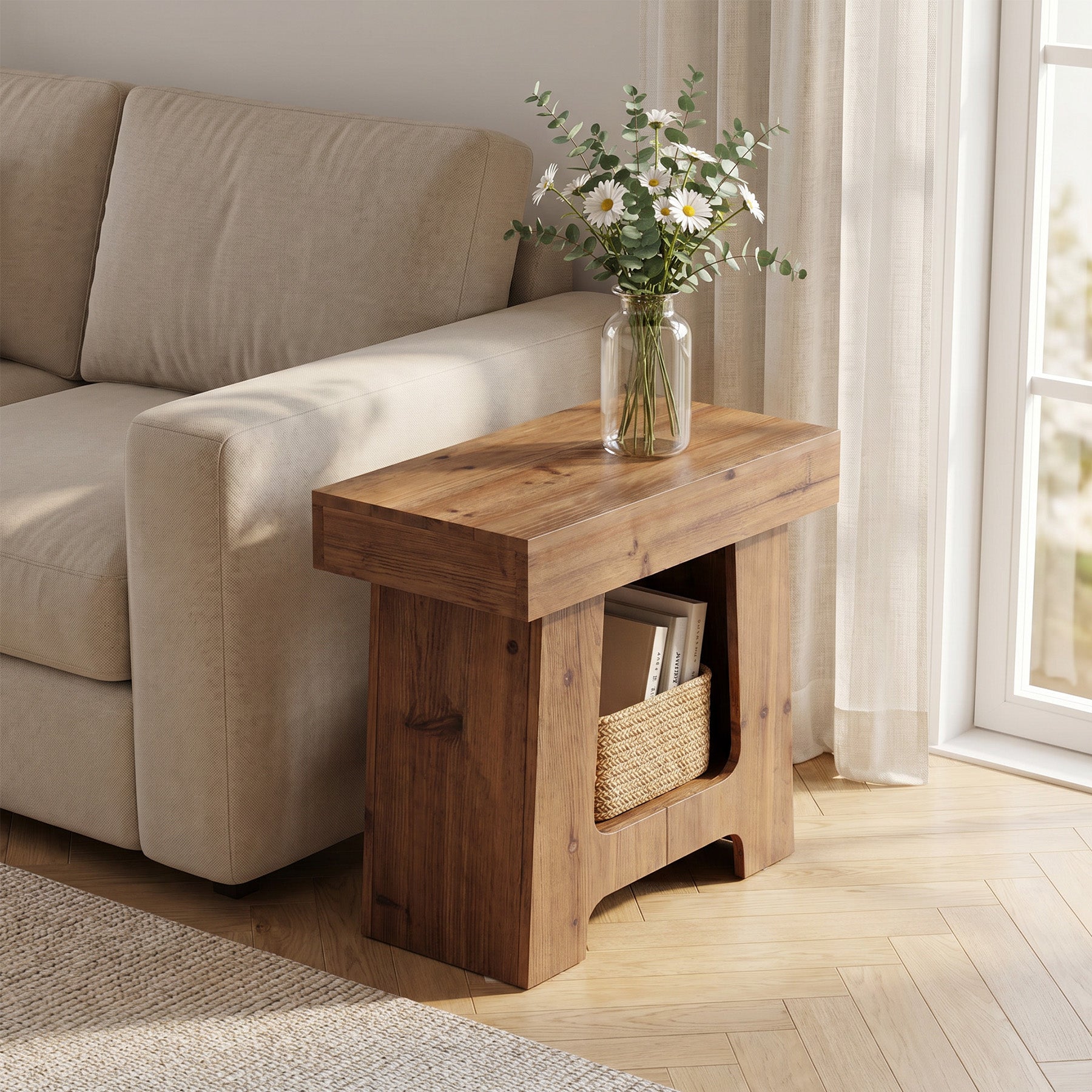 23.6" Solid Wood End Table, 2-Tier Side Table Rectangular Narrow Nightstand