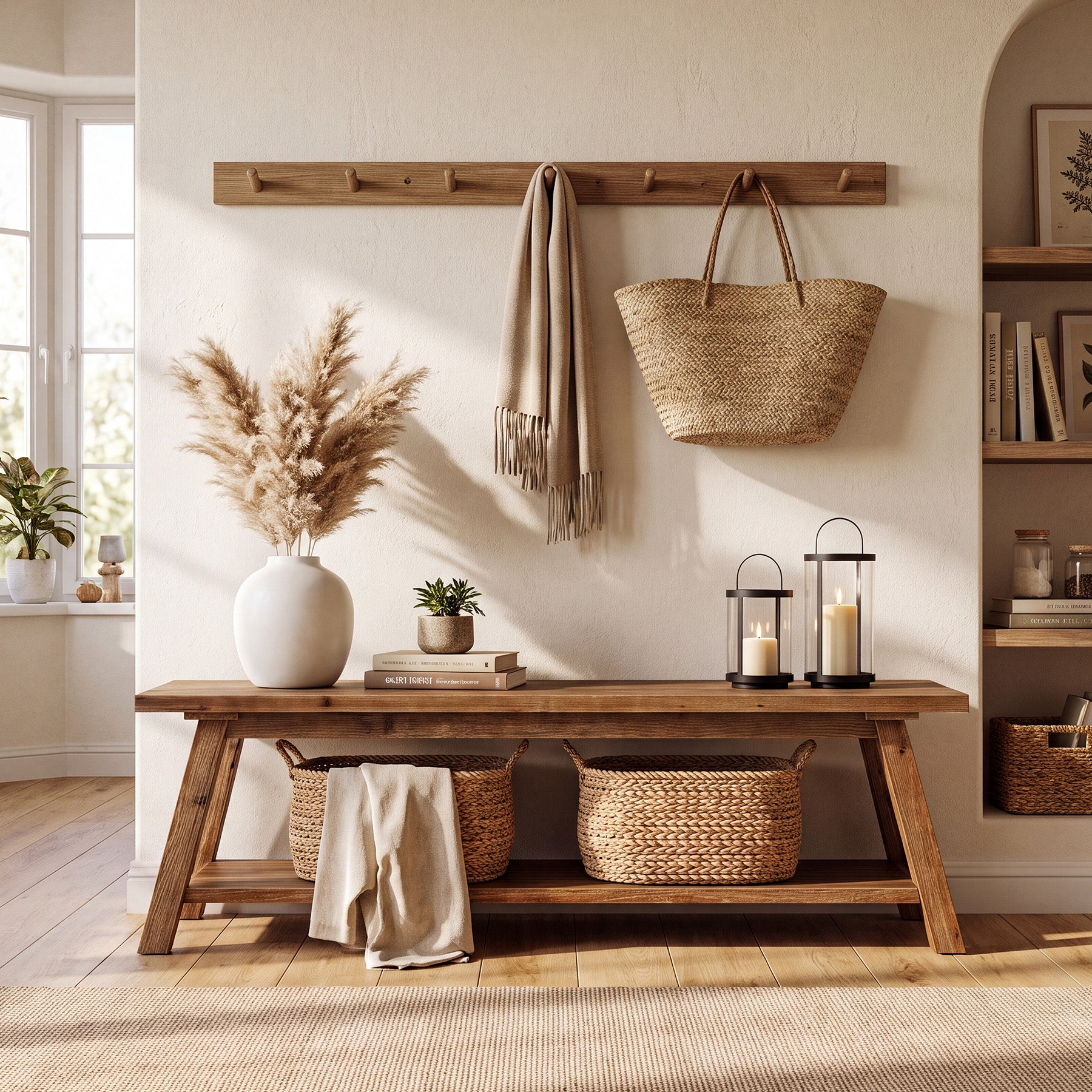 55" Solid Wood Entryway Bench, Farmhouse Shoe Seating with Storage