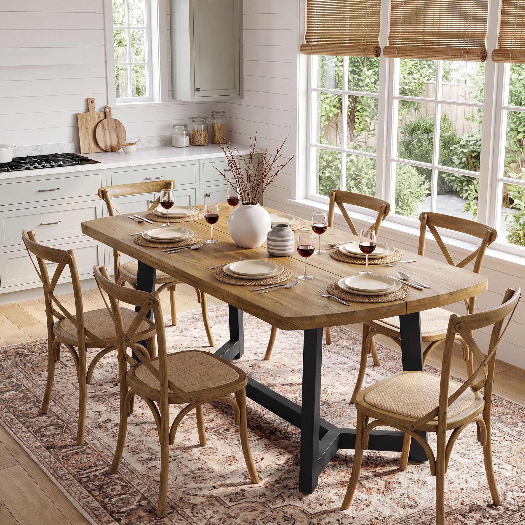 63" Farmhouse Dining Table, Pine Wood Rectangular Kitchen Table for 4-6(Table Only)