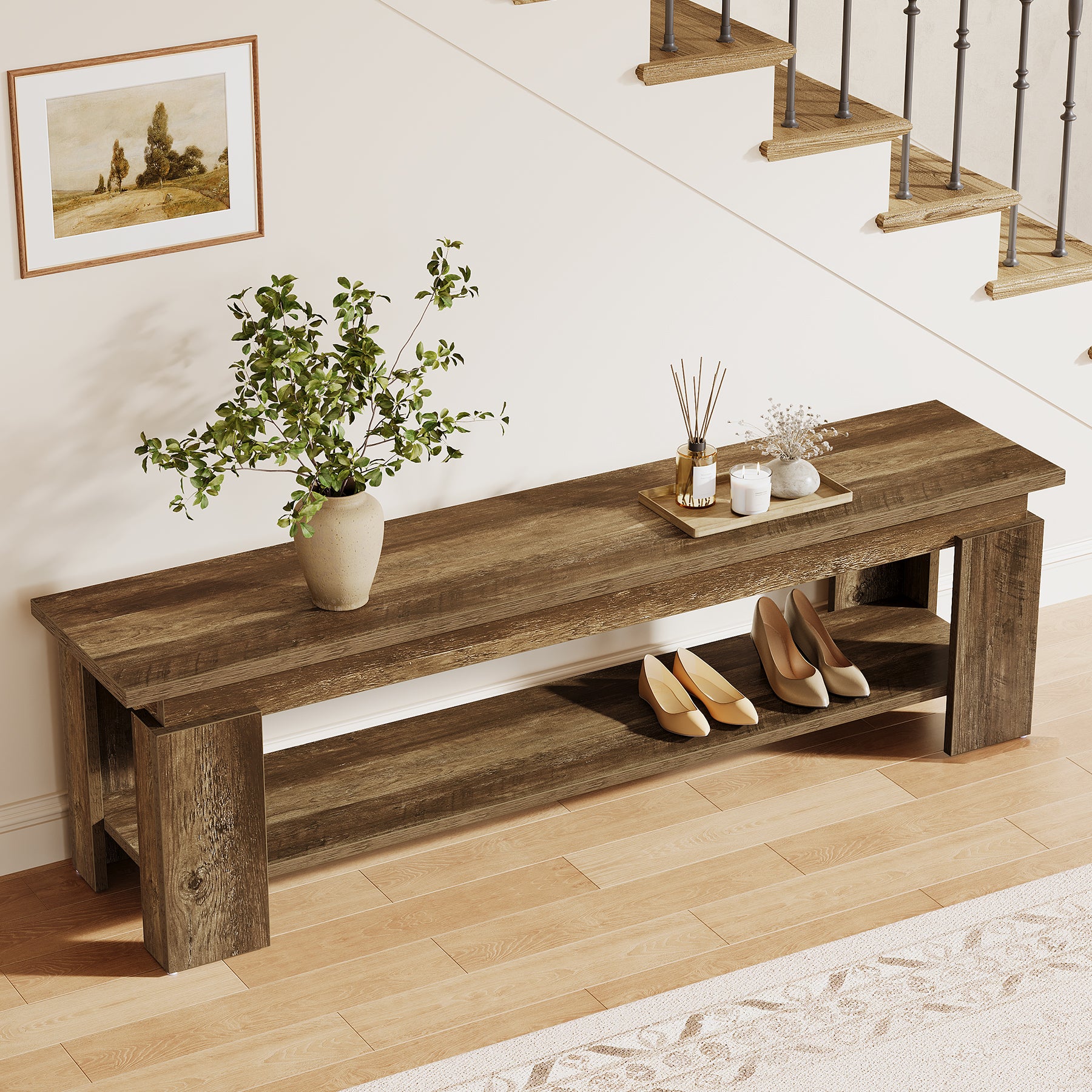 63" Entryway Bench, Farmhouse Shoe Bench End of Bed Bench with Storage Shelf