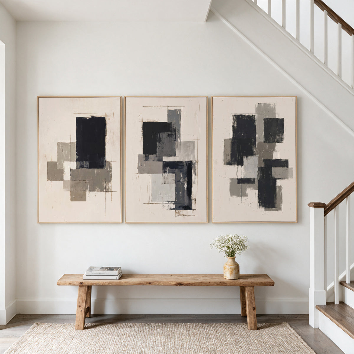 3-Piece 24x36" Modern Abstract Wall Art, Black Beige Framed Canvas Prints