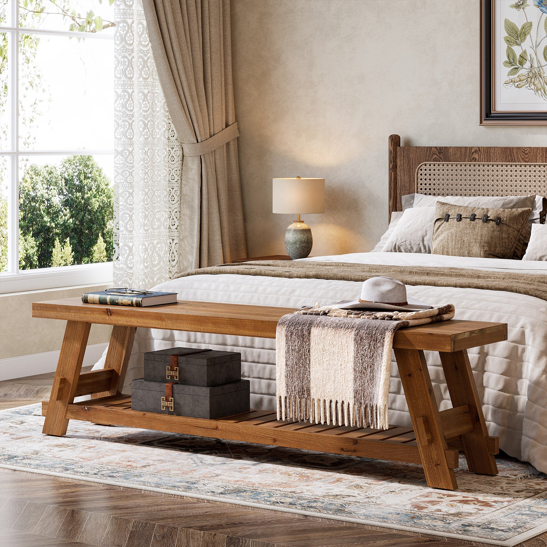 63" Solid Wood Shoe Bench, 2-Tier Entryway Bench with Storage Shelf