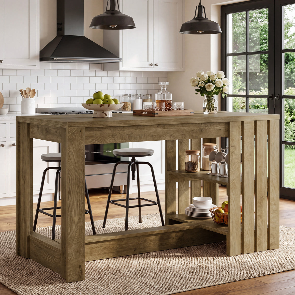 55" Kitchen Island, Farmhouse Stationary Island Table with 2-Tier Storage & Slatted Side Panel