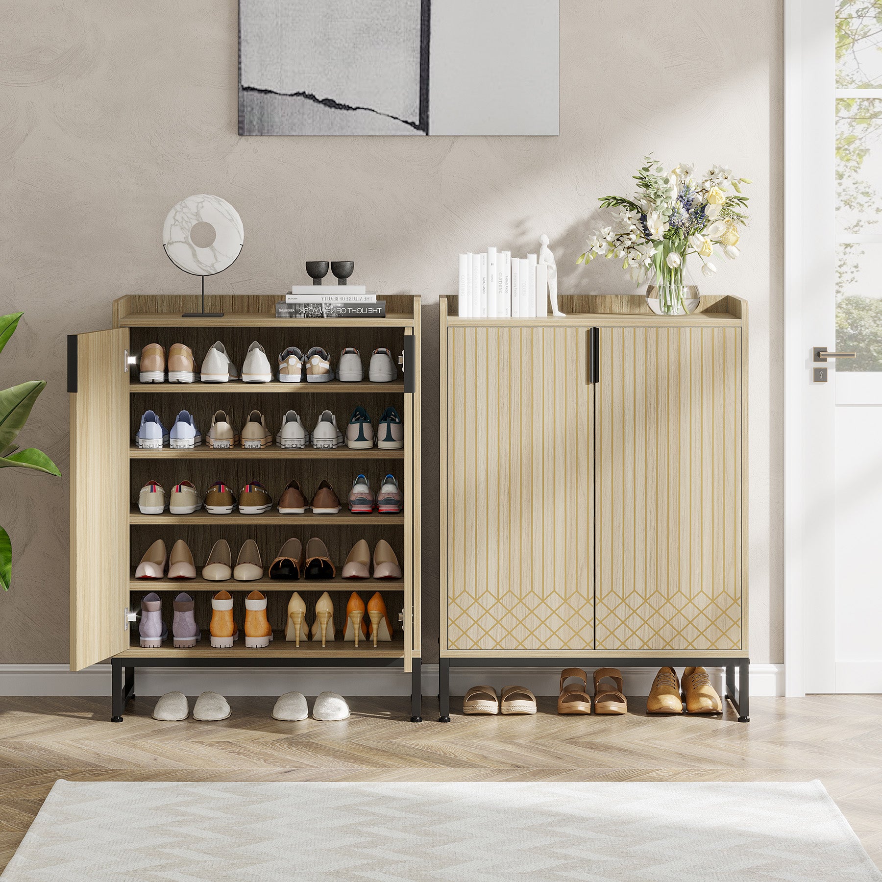 5-Tier Shoe Cabinet with Doors, Freestanding Wood Shoe Organizer for Entryway