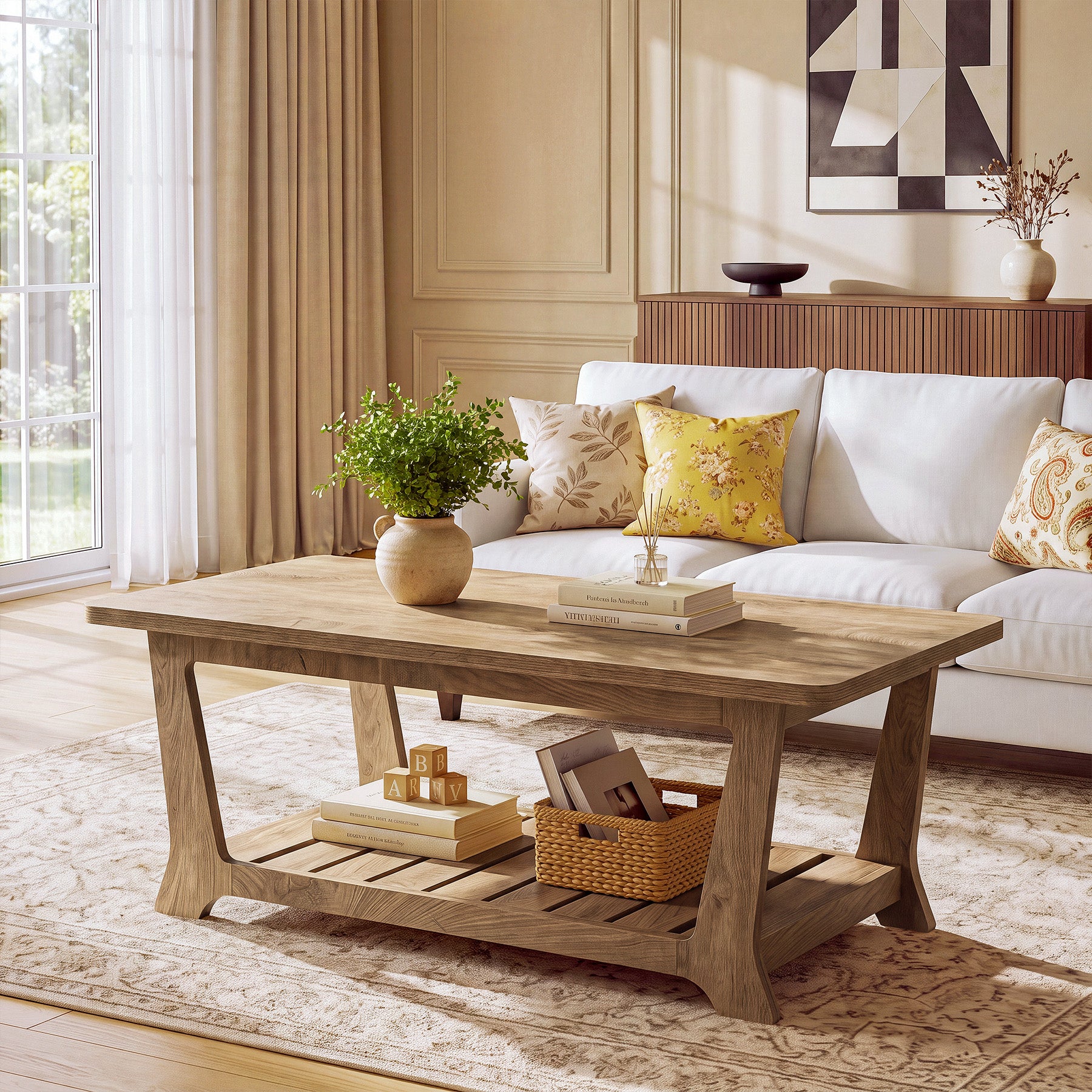 Rectangle Coffee Table, 47.24" Farmhouse Center Table with Shelves for Living Room