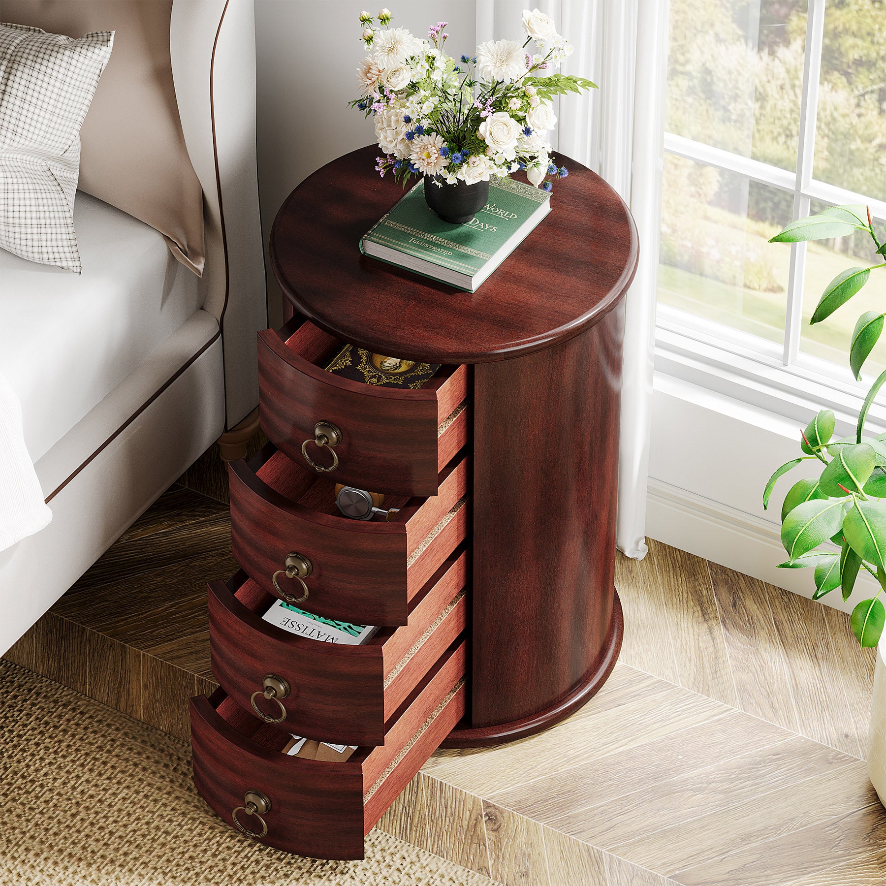 Wood Nightstand, Round Bedside Table  with 4 Drawers(No Assembly Required)