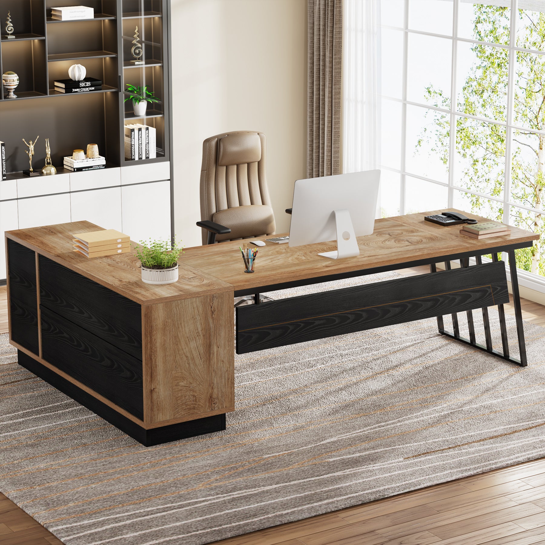 71" Executive Desk, Modern L-Shaped Computer Desk with Cabinet