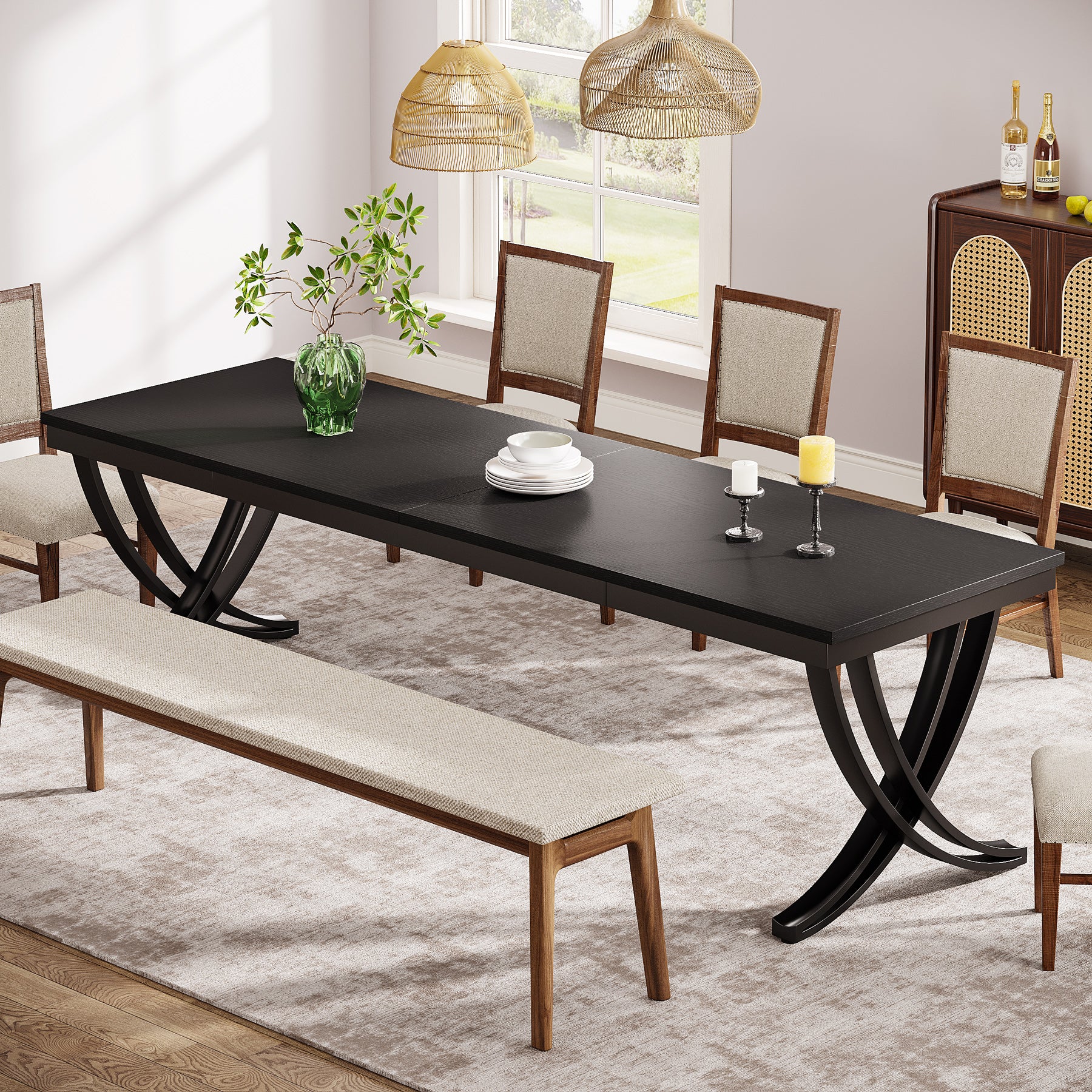 Rectangular Dining Table for 6-8, 78" Farmhouse Dinner Table with Metal Legs