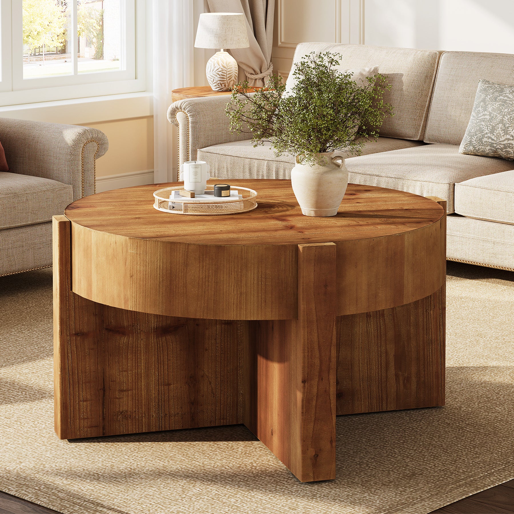 31.5" Round Coffee Table, Solid Wood Center Table with X-Shaped Legs