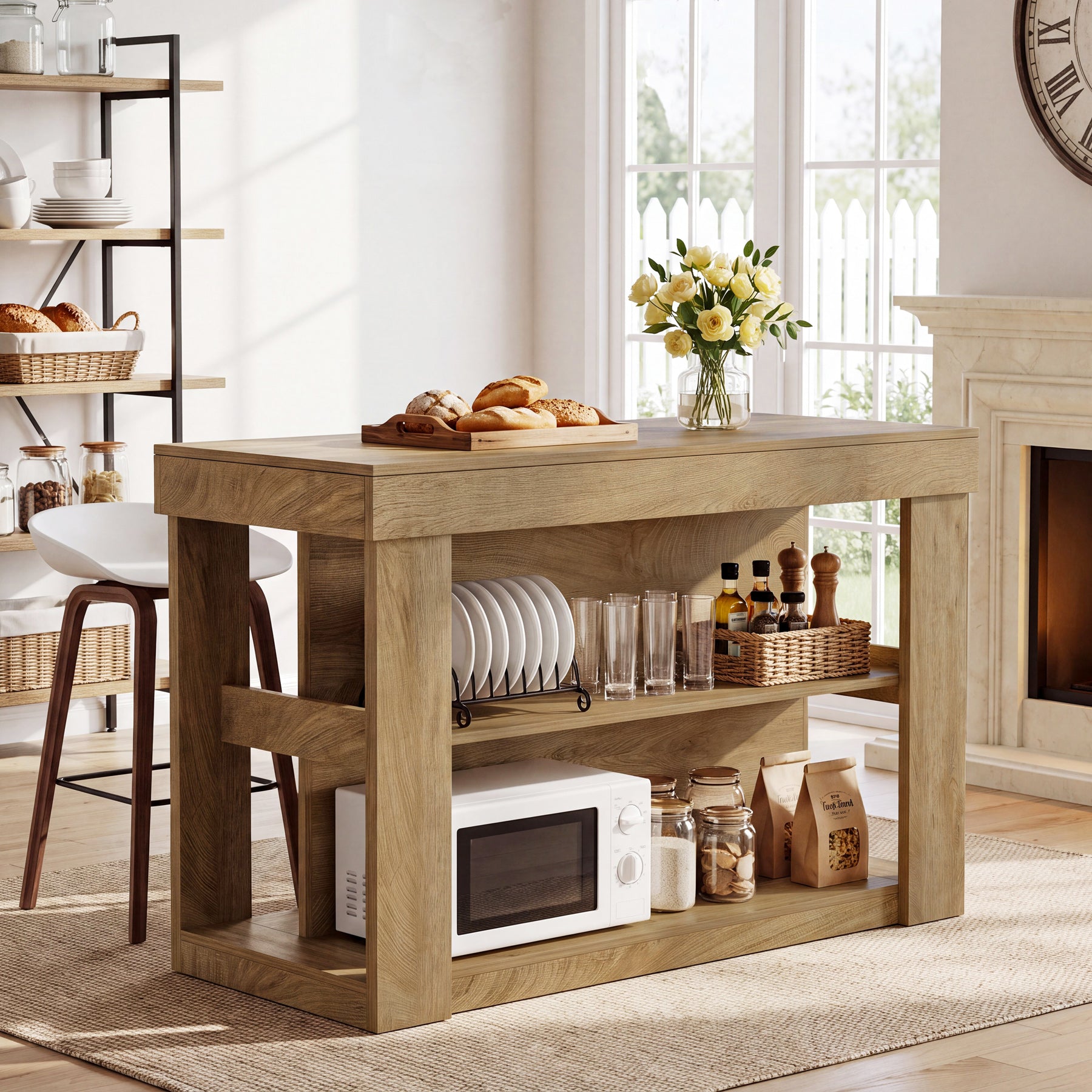 Tribesigns 55-Inch Kitchen Island with 2 Storage Shelves, Farmhouse Island Table with Seating