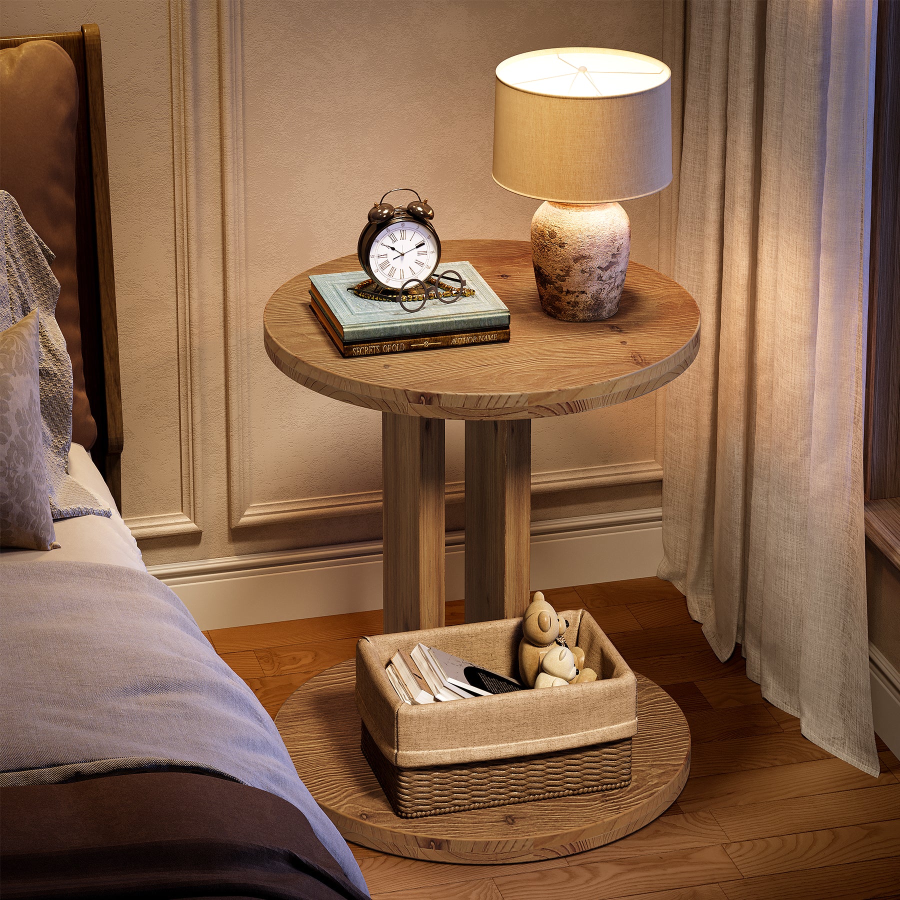 Solid Wood Nightstand, 19.68"C-Shaped Bedside Table with Storage