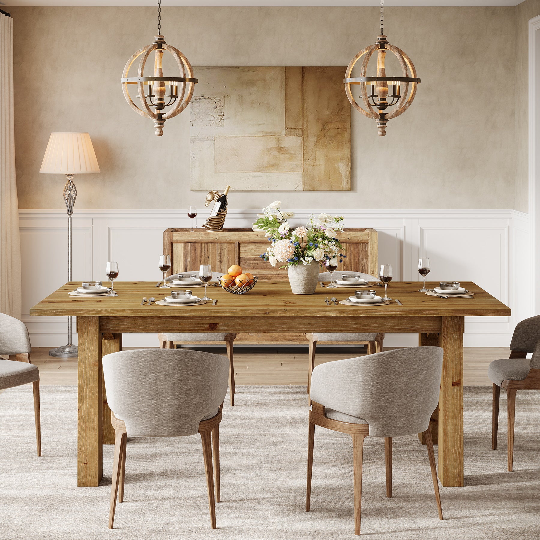 Solid Wood Dining Table, 63" Rectangular Kitchen Table for 4-6 People