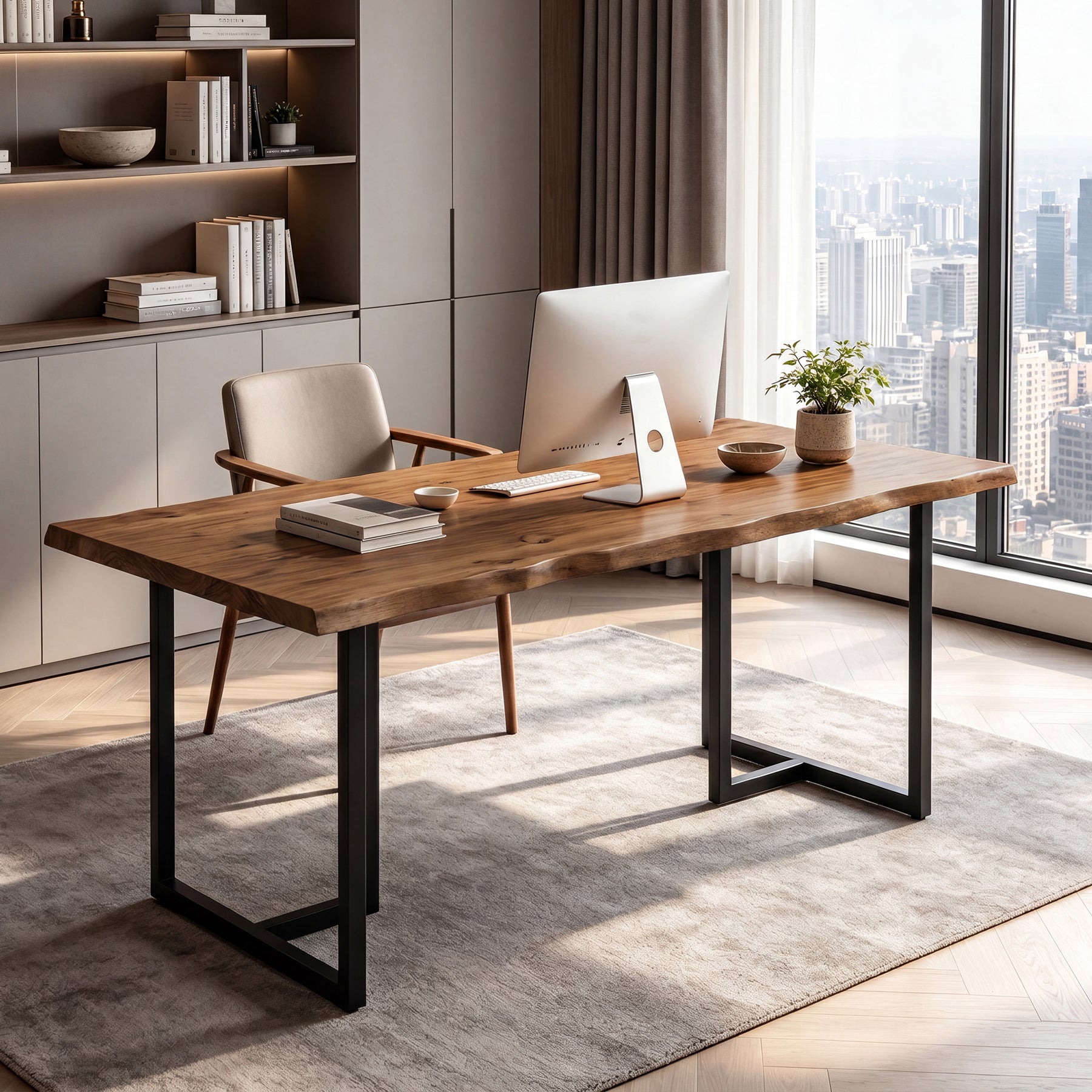 63" Live Edge Executive Desk, Solid Wood Home Office Desk, Heavy-Duty Metal Frame