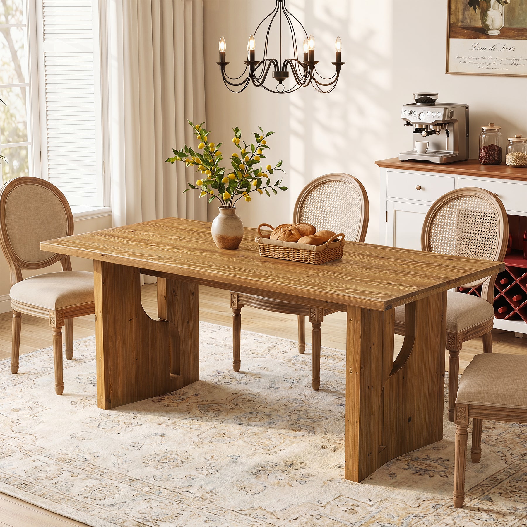 63" Solid Wood Dining Table for 4-6, Farmhouse Kitchen Table with Cutout Bases
