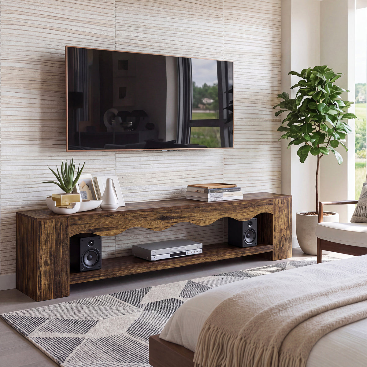 79" TV Stand for TVs Up to 85", Rustic Curved TV Console, Mid-Century Modern
