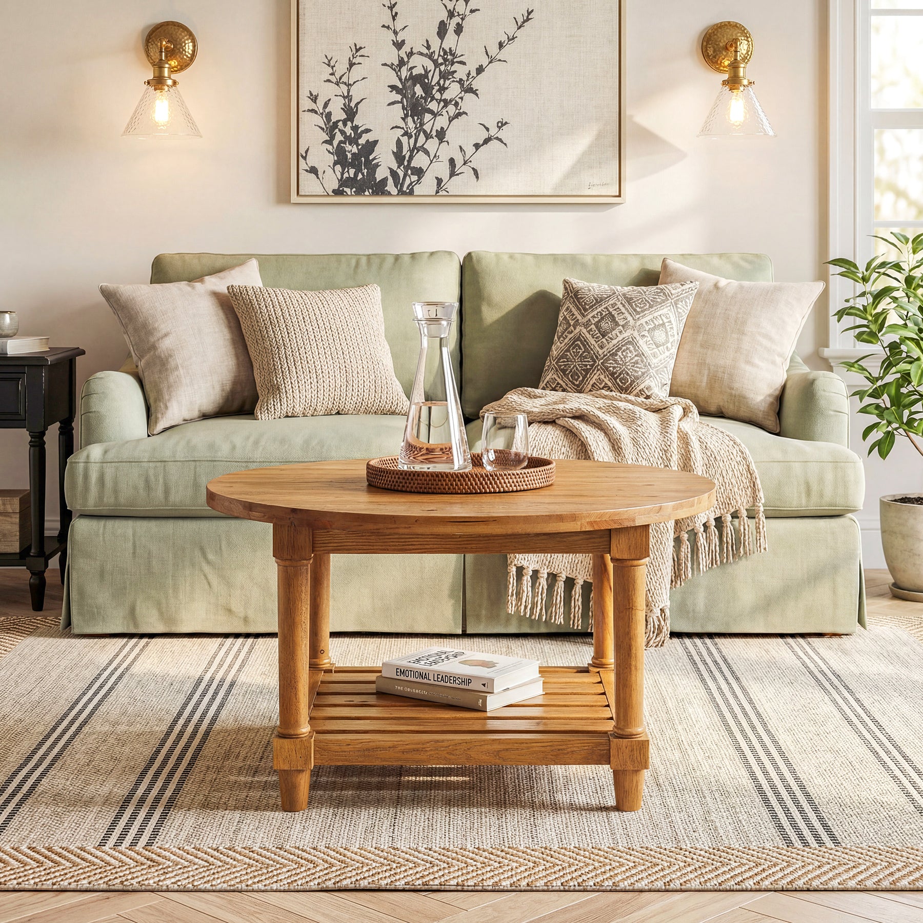 Solid Wood Round Coffee Table, 31.5" Center Table with 2-Tier Storage