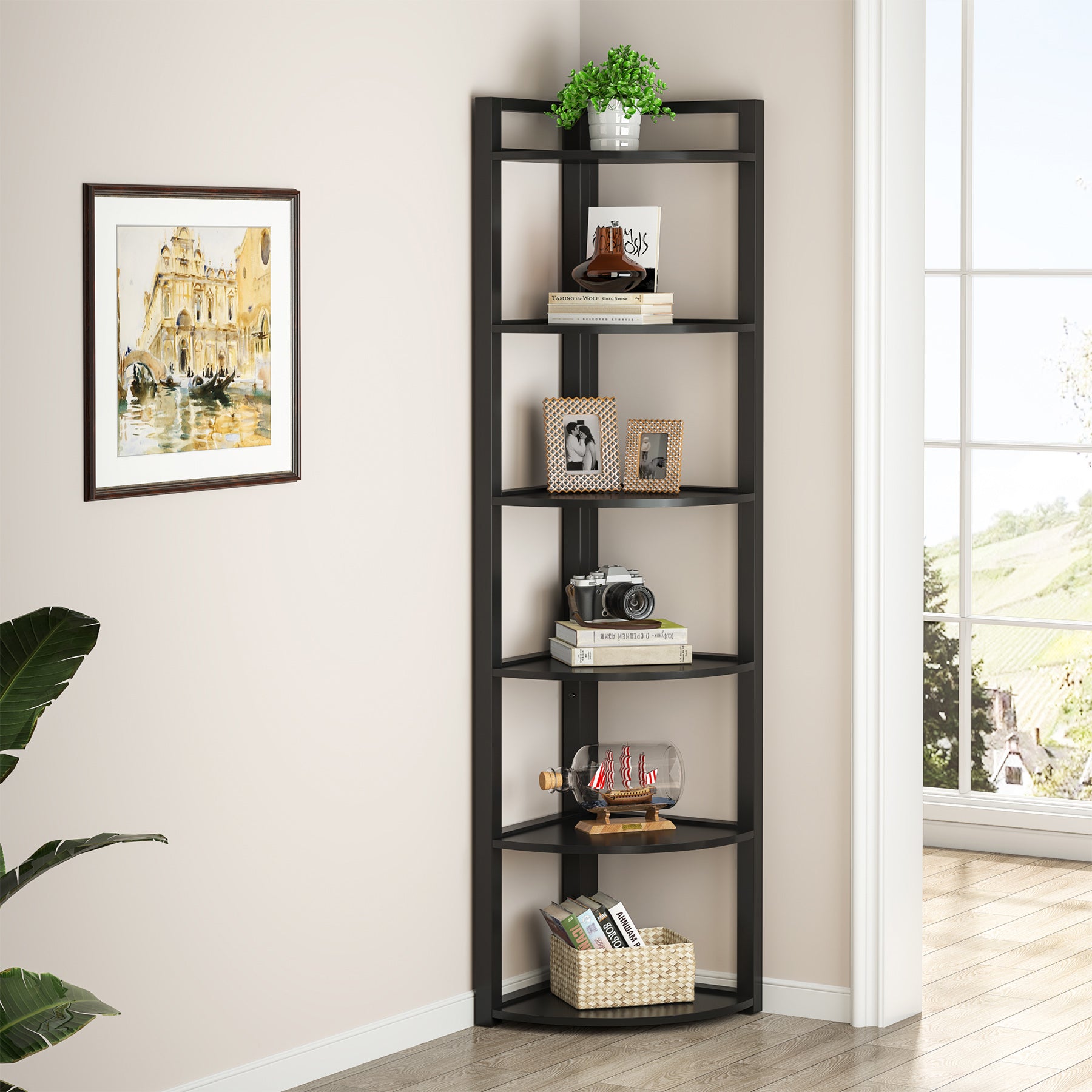 6-Tier Corner Shelf, 70.9 Inch Tall Corner Bookshelf Small Bookcase Rustic Corner Shelving Unit Storage Rack