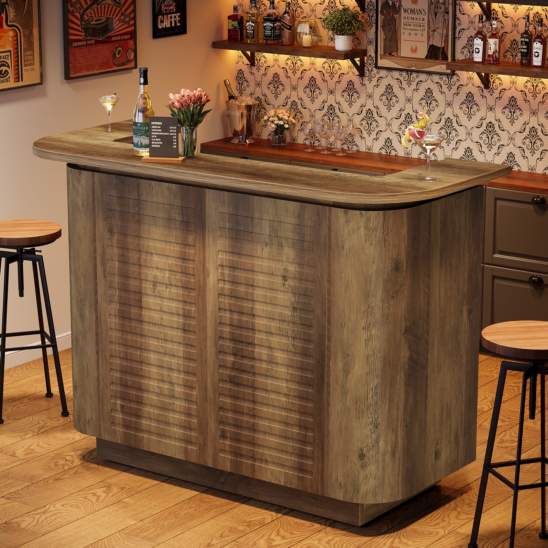 53.5" Home Bar Table, 5-Tier U-Shaped Counter Height Pub Table with 5 Cubbies Storage