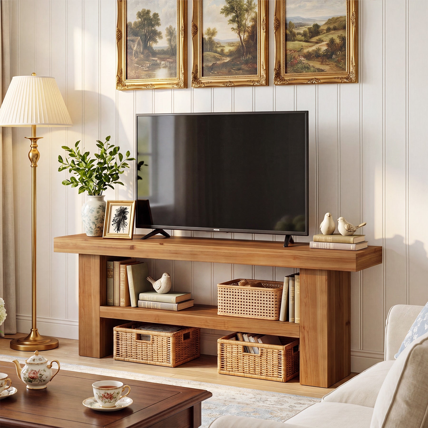 63" Solid Wood TV Stand for TVs up to 75", Entertainment Center with 2-Tier Shelves for Living Room
