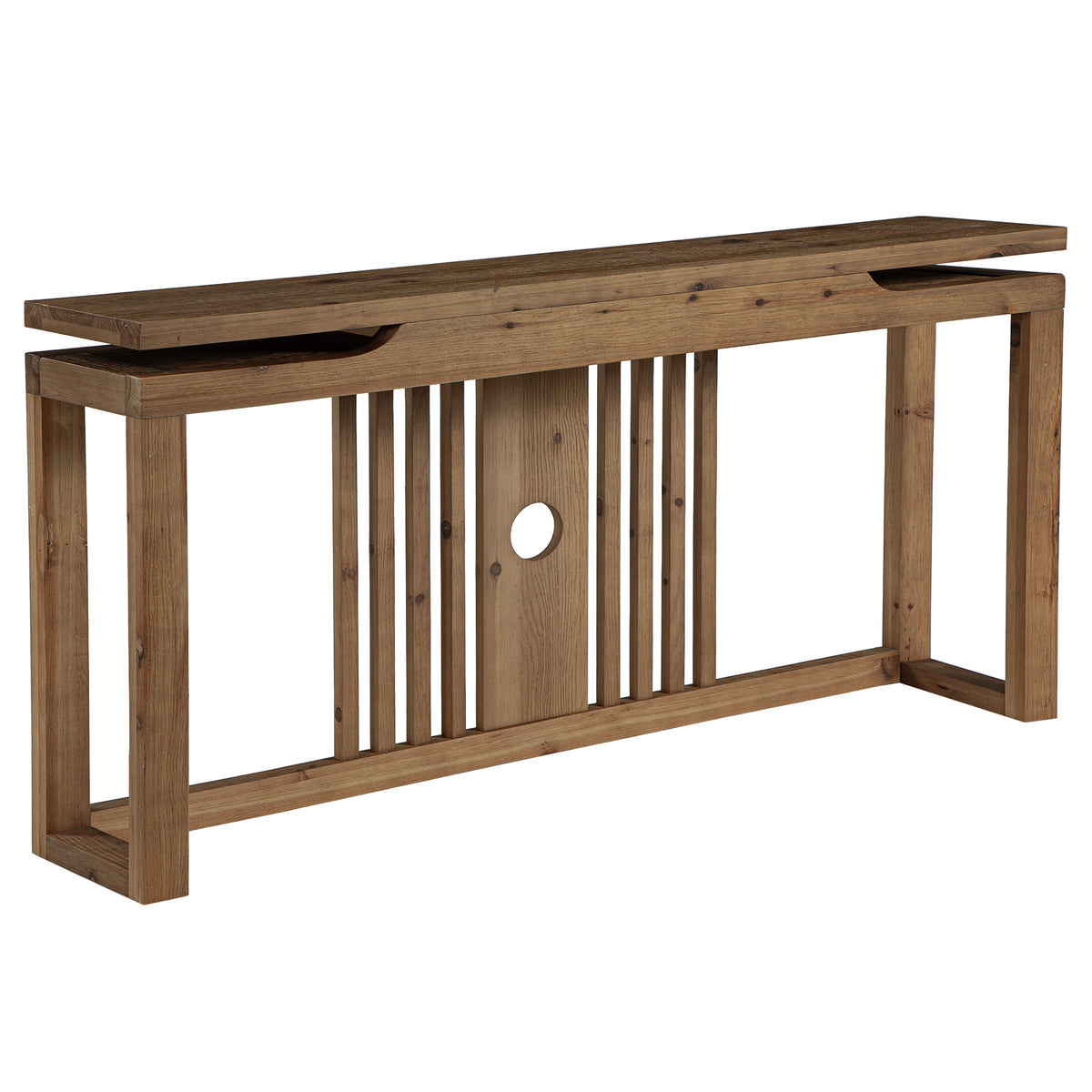 63" Solid Wood Console Table for Entryway, Farmhouse Sofa Table with Slatted Hollow Layered Design