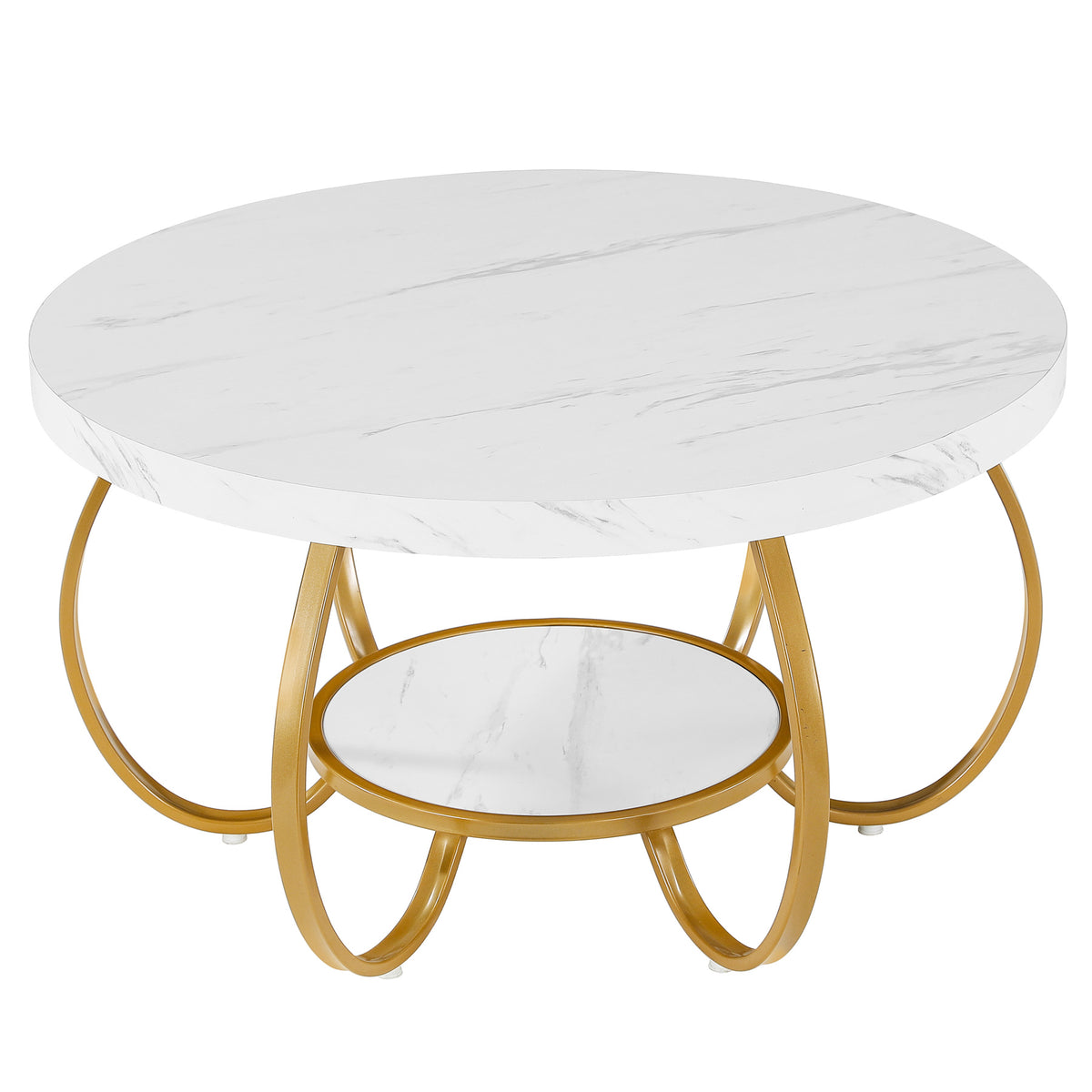 31.5" Round Coffee Table, 2-Tier Modern Center Table with Faux Marble Top & Metal Base