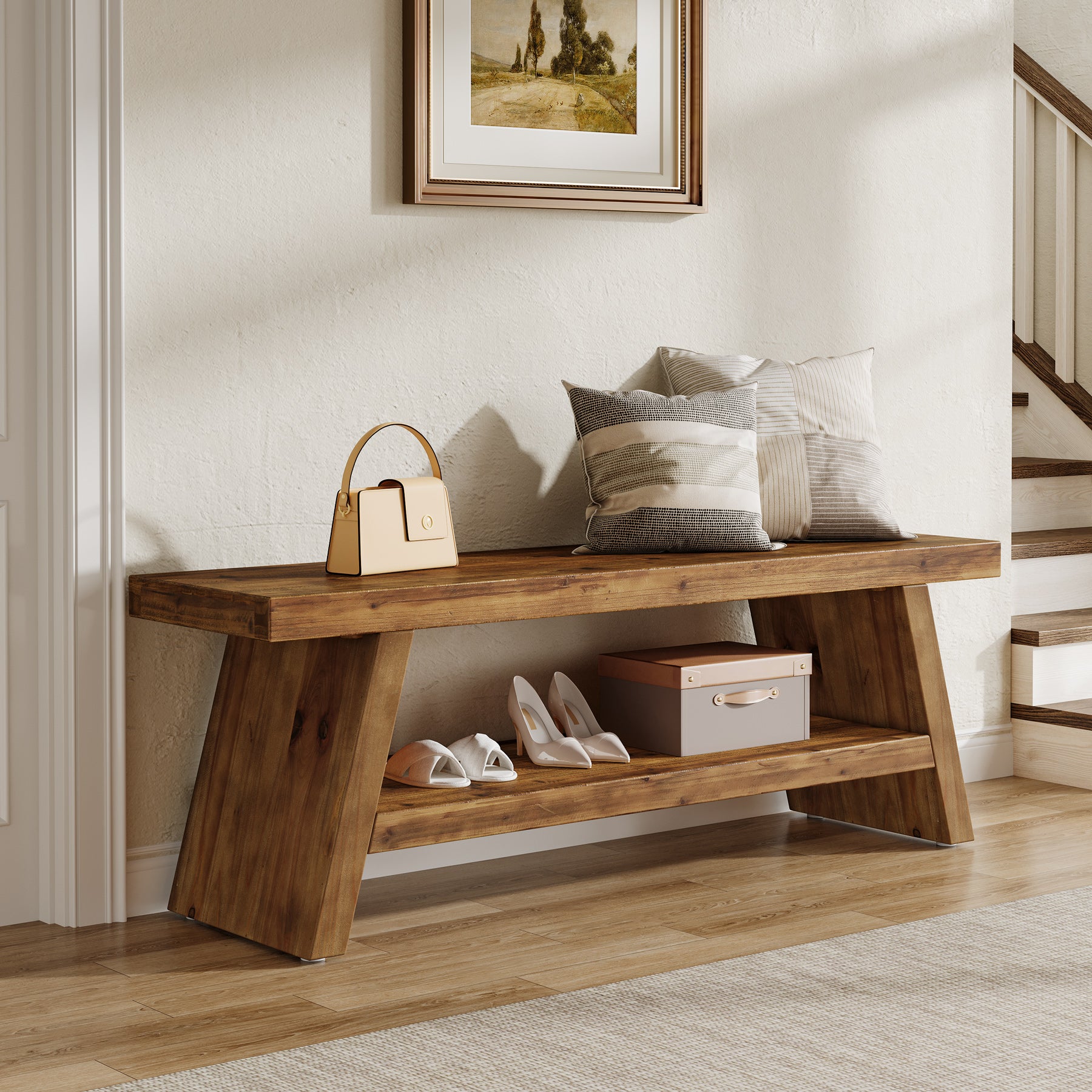 2-Tier Entryway Bench, Solid Wood Shoe Bench with Open Shelves