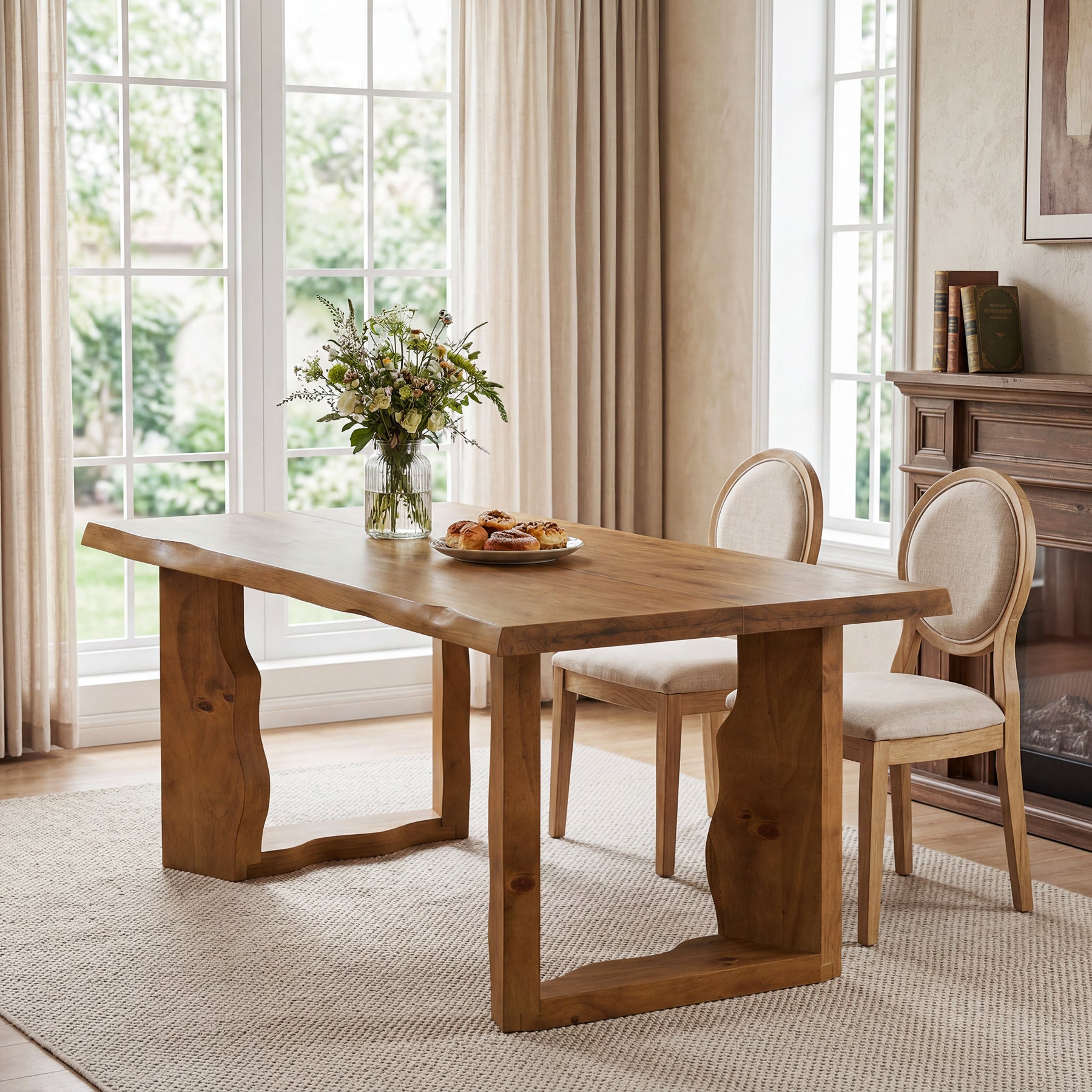 63" Solid Wood Live Edge Dining Table for 6, Rustic Modern Kitchen & Dining Room Table with Sculptural Legs