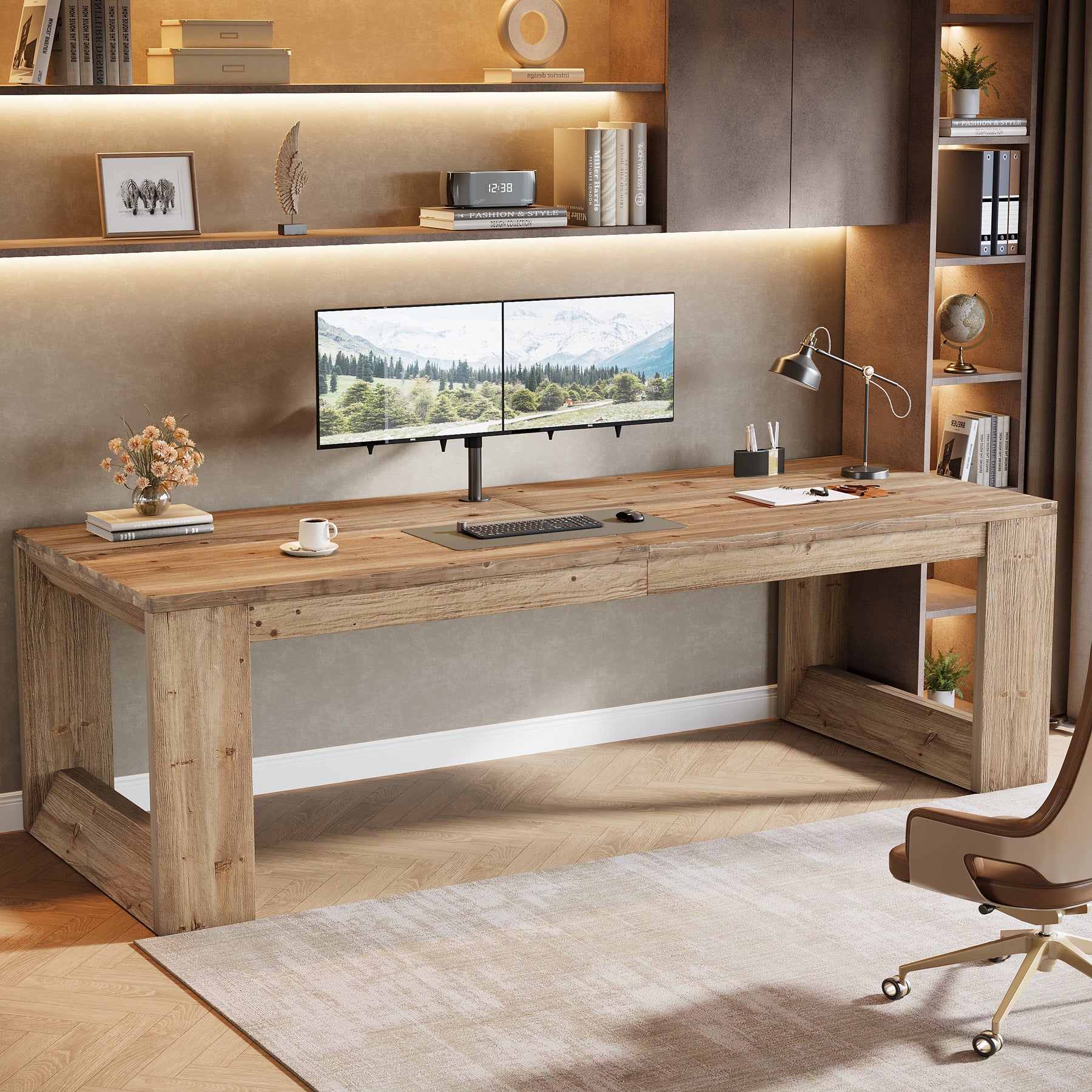 86.6" Two Person Desk, Farmhouse Solid Wood Computer Desk for Home Office