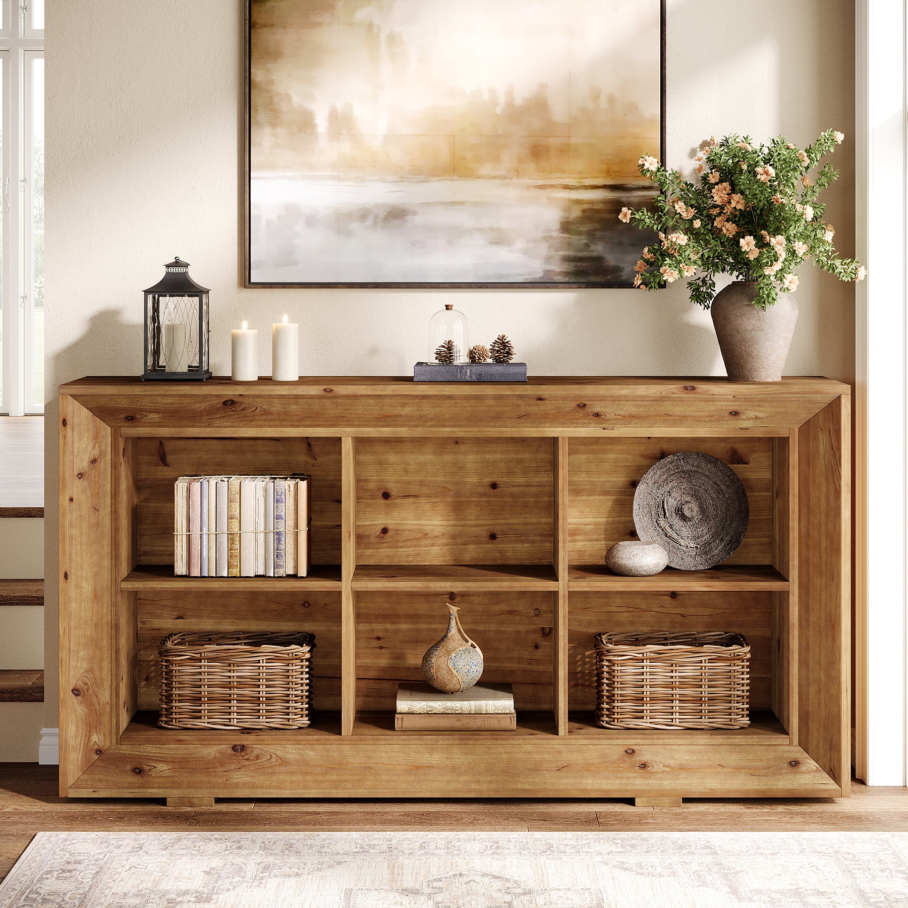 63" Solid Wood Console Table, Farmhouse Entryway Table with 6 Storage Cubes