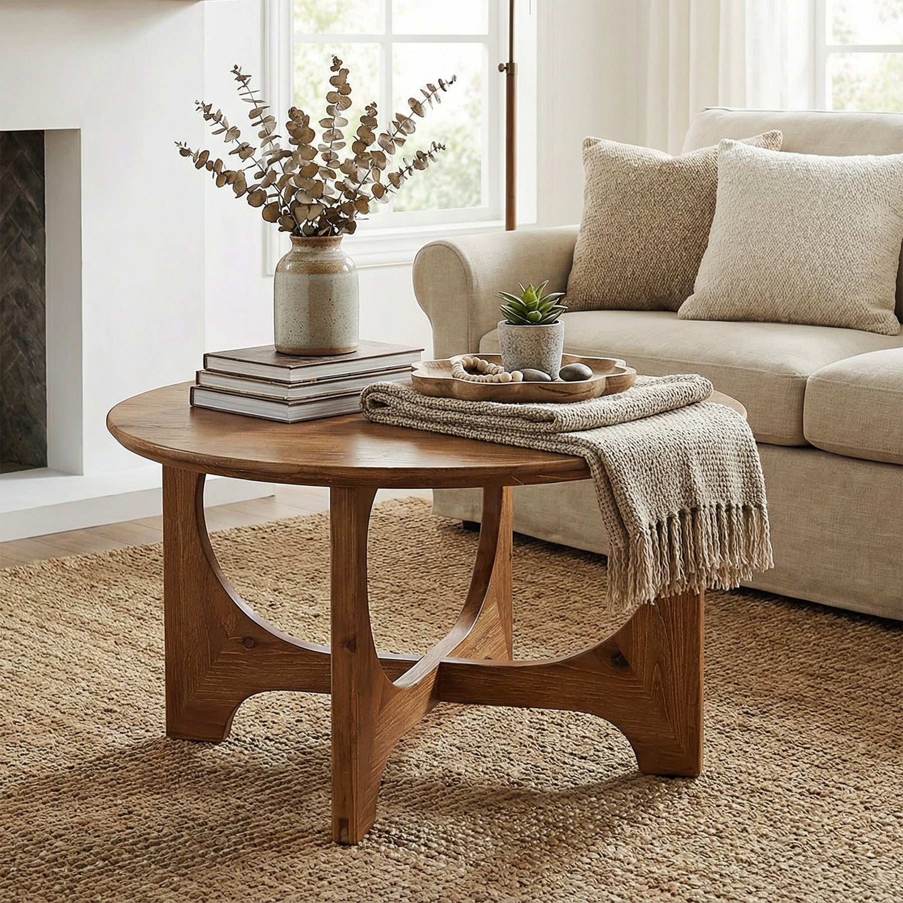 Solid Wood Coffee Table, 31.5" Round Center Table for Living Room