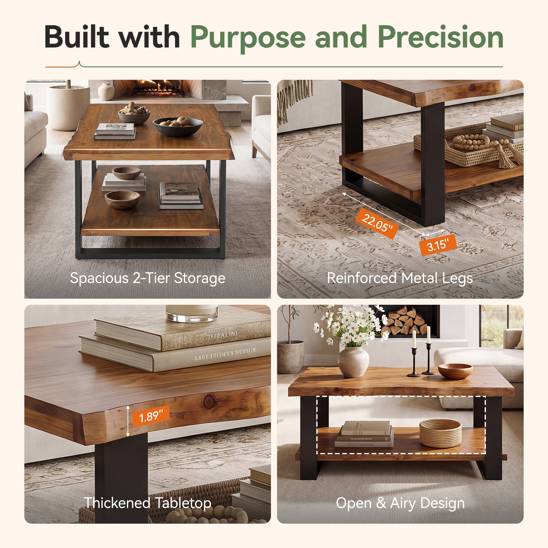 47" Solid Wood Coffee Table, 2-Tier Vintage Center Table for Living Room