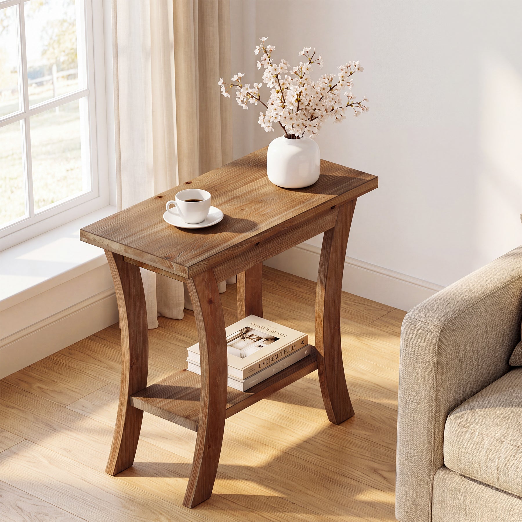 Tribesigns 23.6-Inch Solid Wood Side Table with Lower Shelf, Farmhouse End Table for Living Room