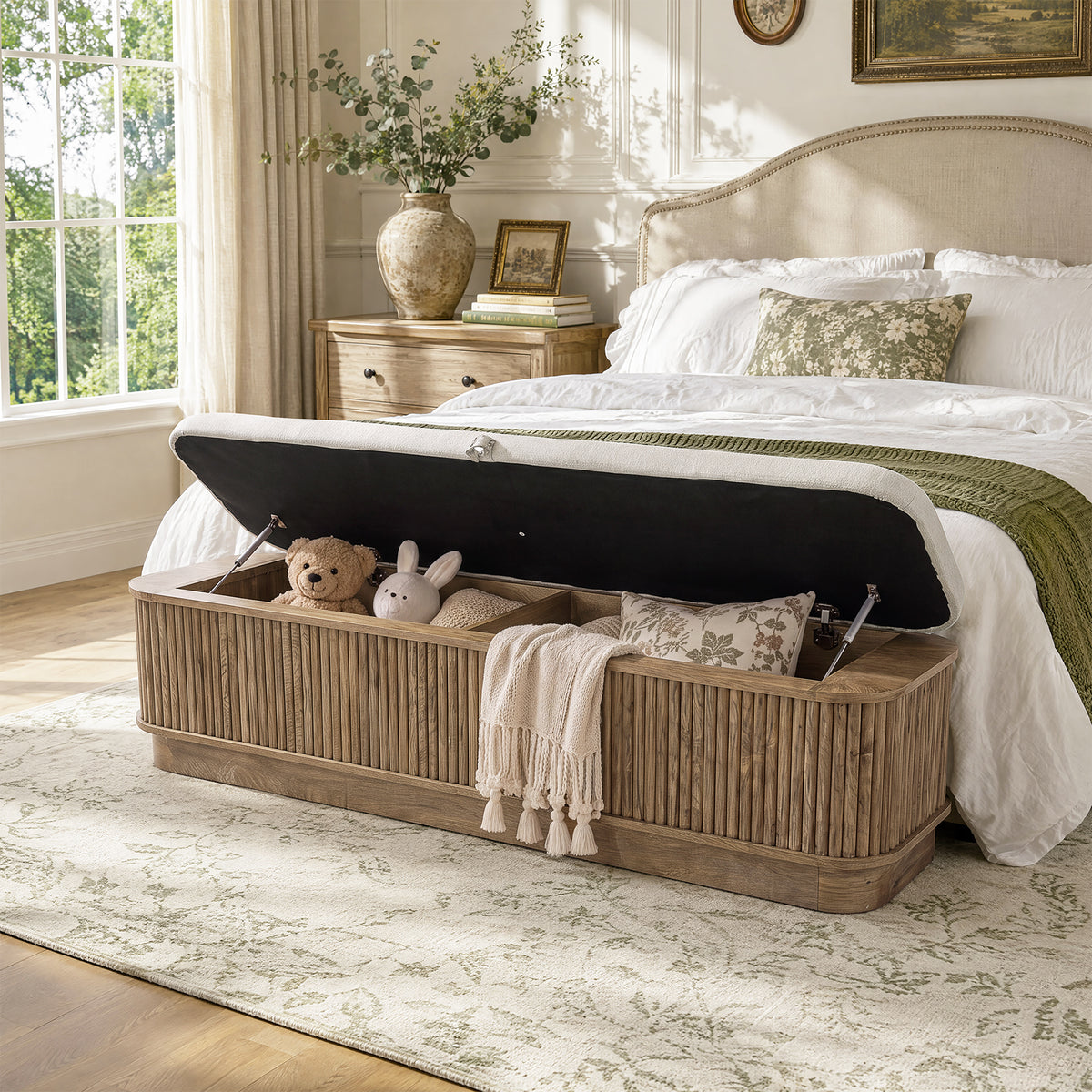 55" Lift Top Storage Bench, Ottoman End of Bed Bench with Cushion & Safety Hinge