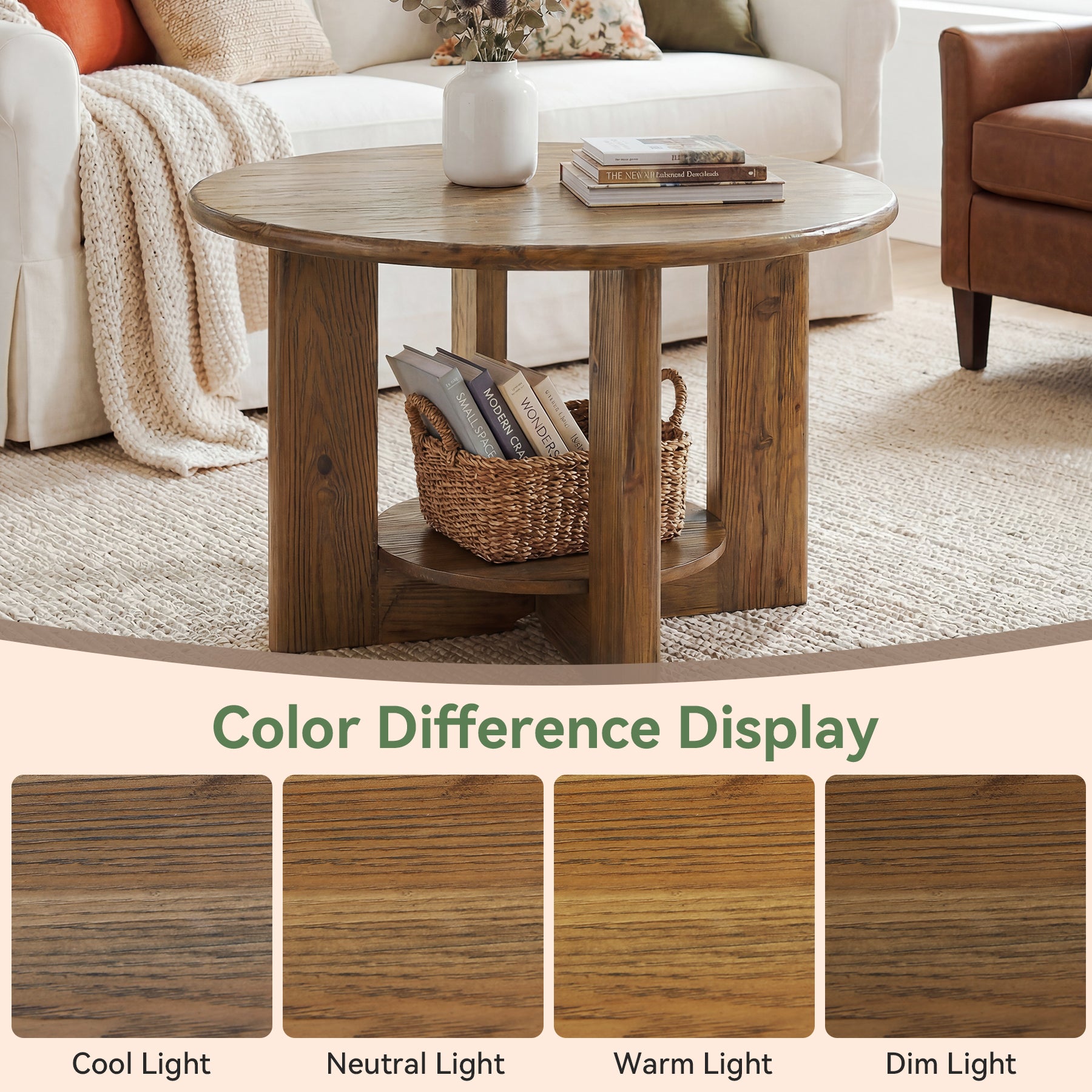 Solid Wood Round Coffee Table, 2-Tier Accent Center Table with Storage