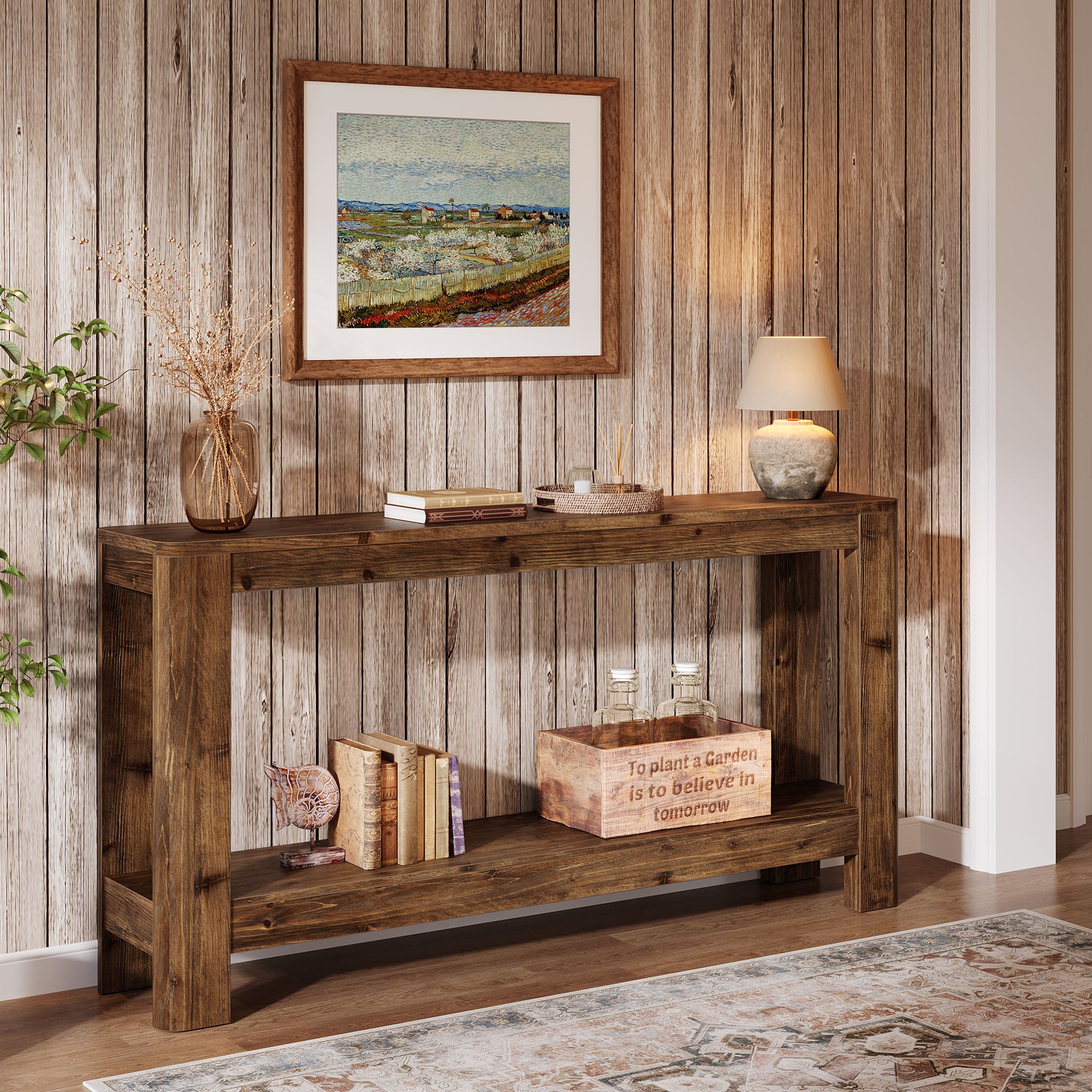 63" Solid Wood Console Table with Shelf, Slim Farmhouse Entryway & Sofa Table for Narrow Spaces