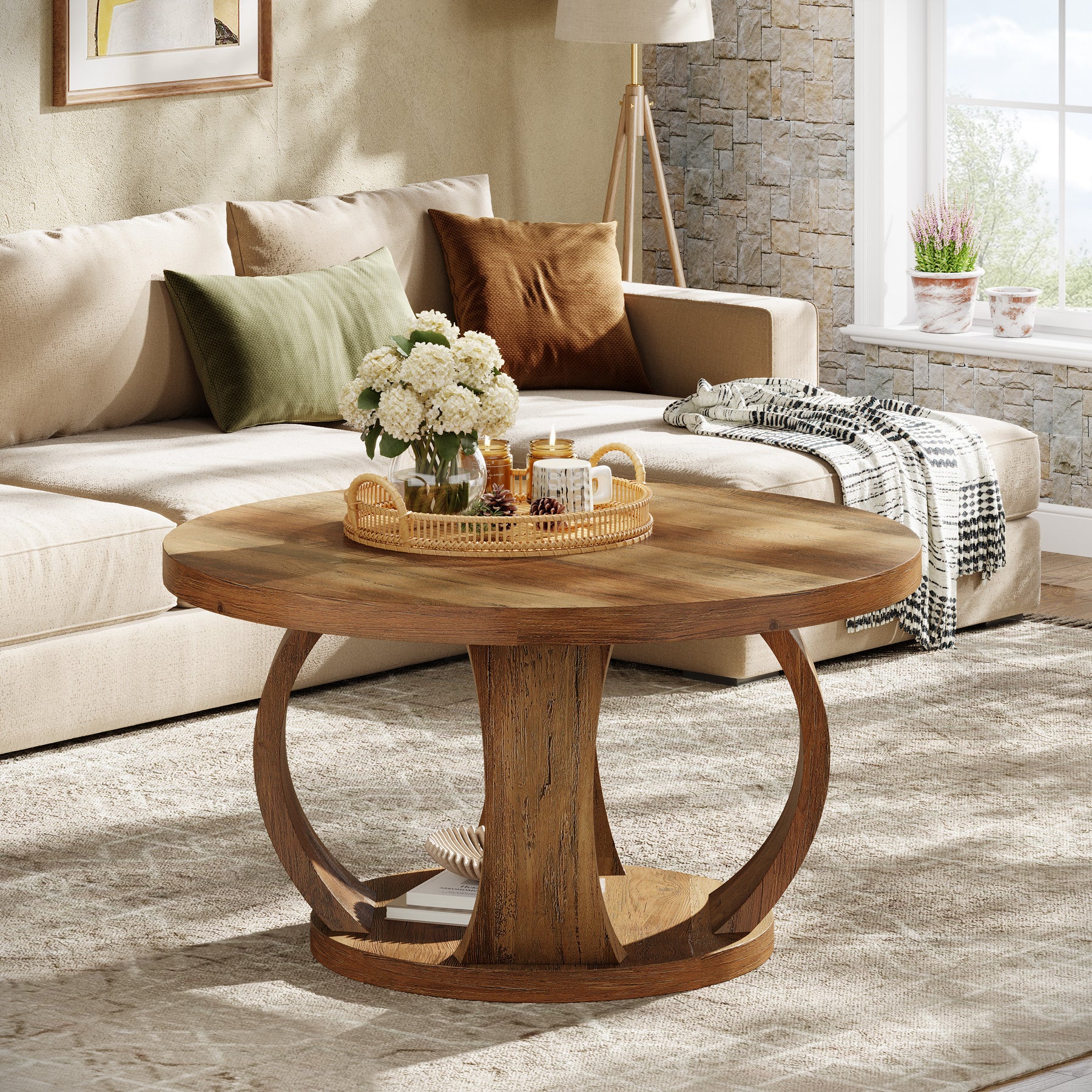 31.5" Round Coffee Table, 2-Tier Wooden Center Table with Storage