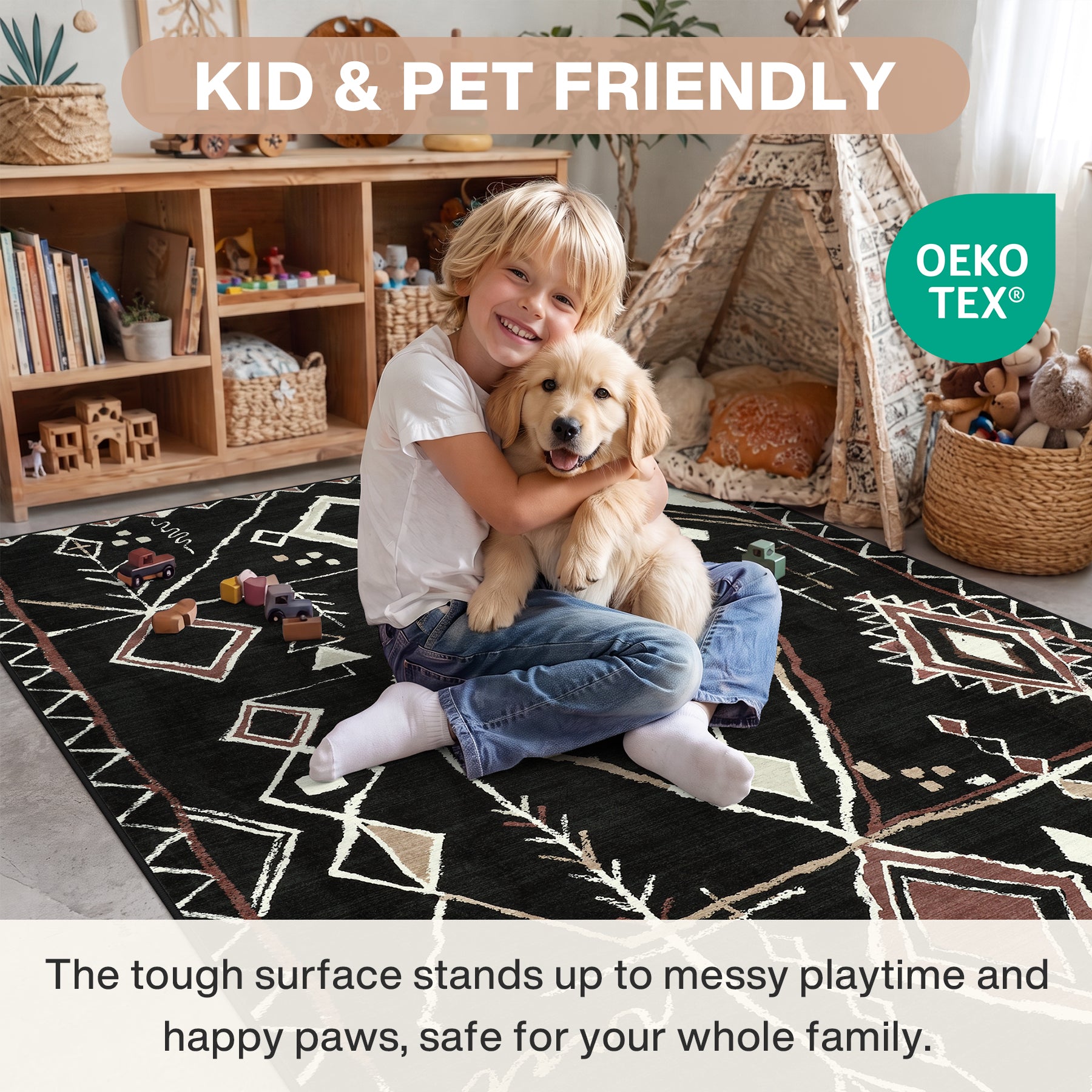 3x5/5x7 Vintage Boho Moroccan Area Rug, Non-Slip Geometric Neutral Soft Low Pile Throw Carpet, Oeko-Tex Certified