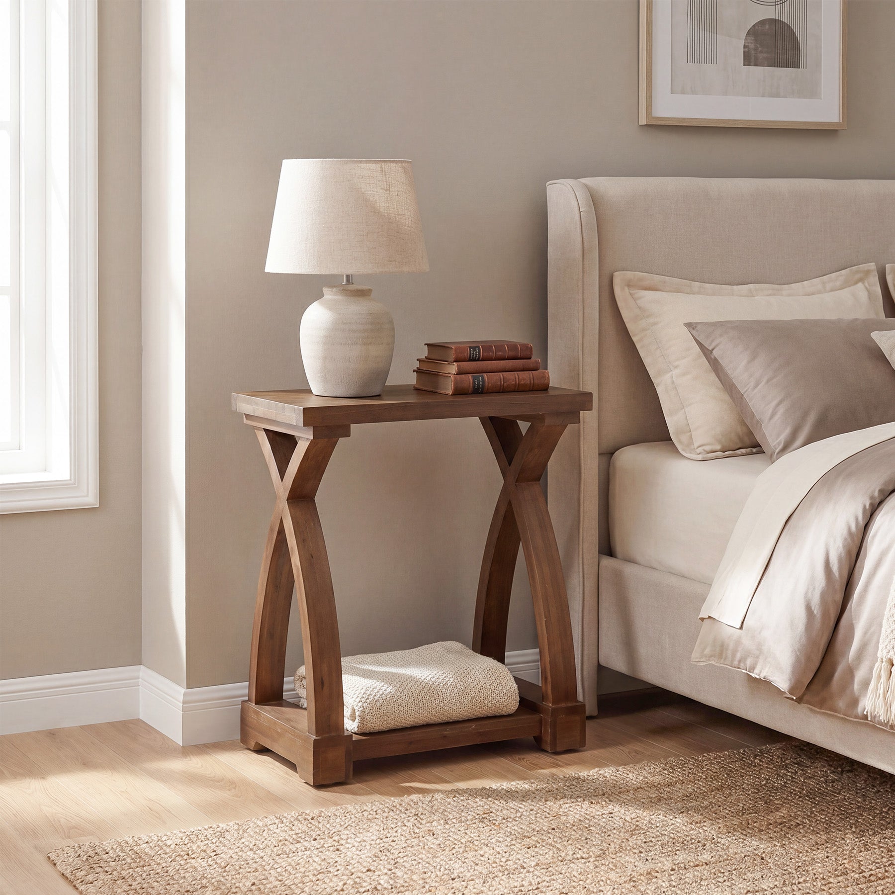 23.62" Solid Wood End Table, 2-Tier Side Table with Curved X-Frame for Small Spaces