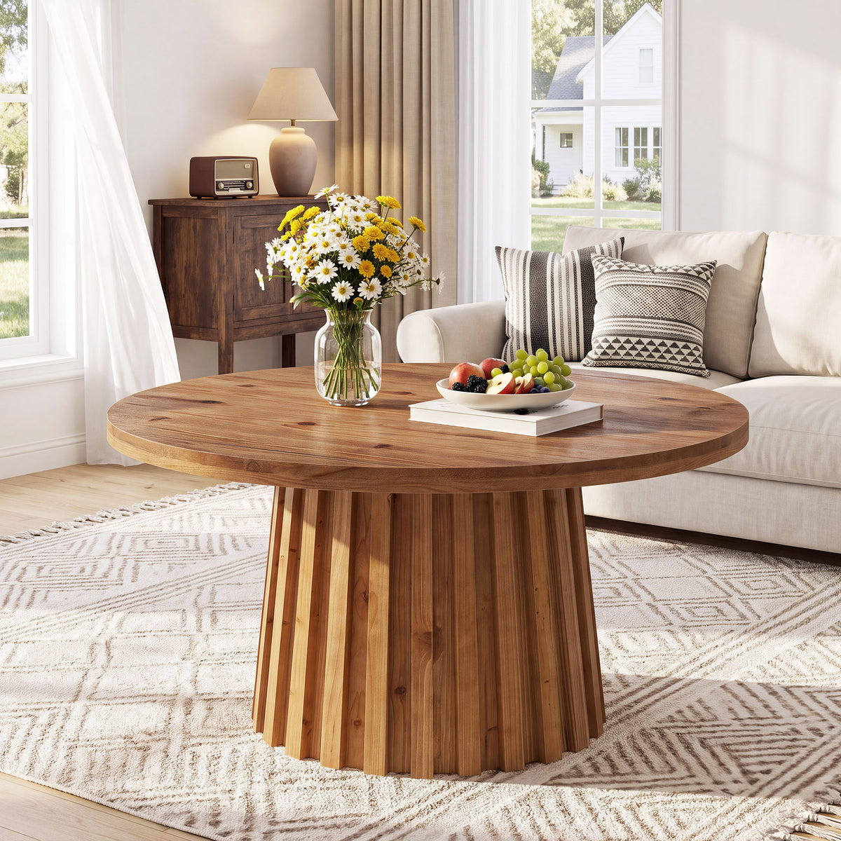 32" Round Fluted Coffee Table, Farmhouse Solid Wood Living Room, Circle Center Tea Table