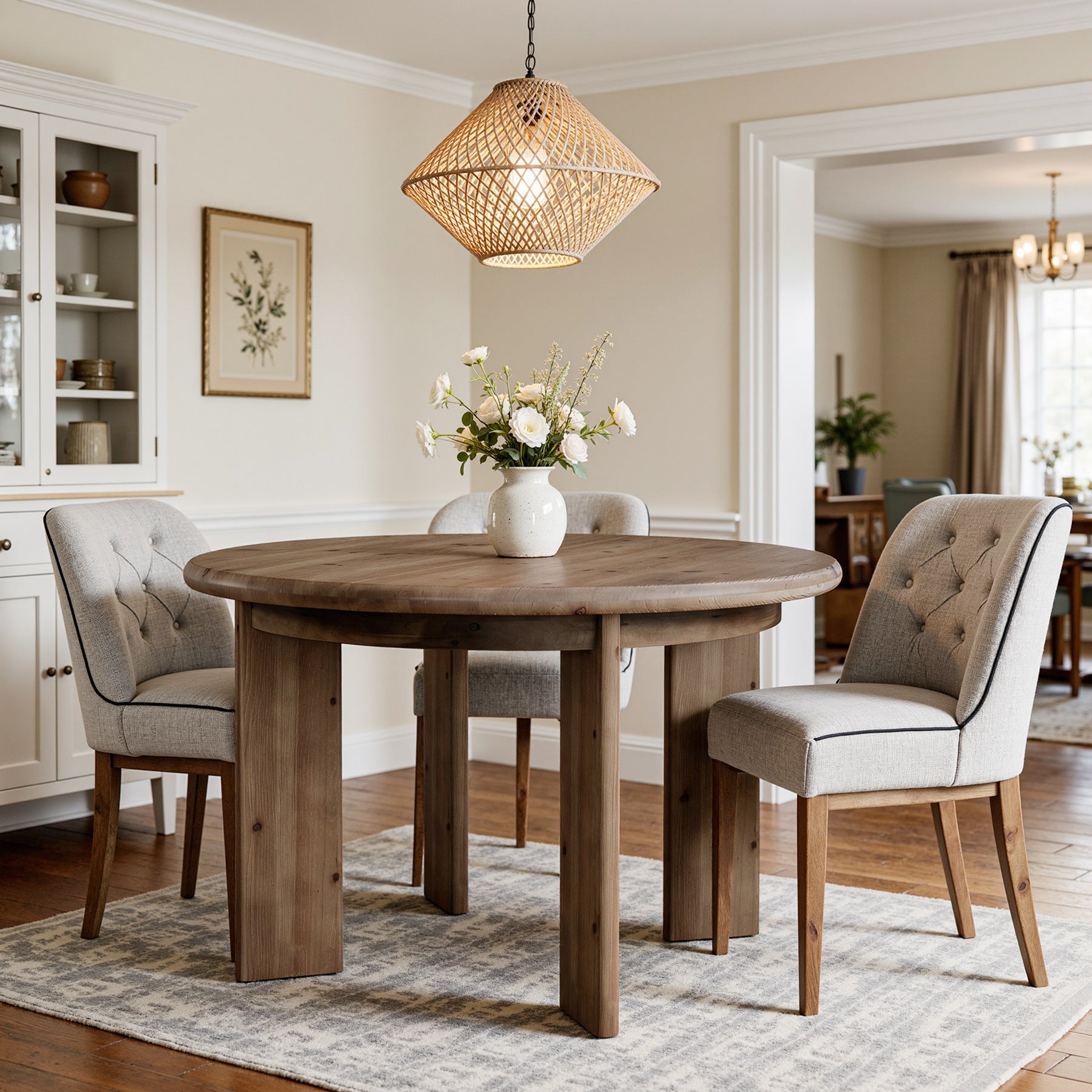 47" Round Dining Table for 4-6, Farmhouse Solid Wood, 4 Thick Pillar Legs, Kitchen Table