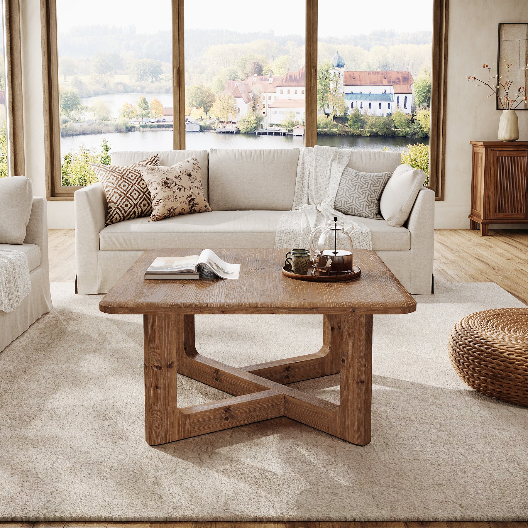 31.5" Solid Wood Coffee Table, Farmhouse Square Center Table Tea Accent Table