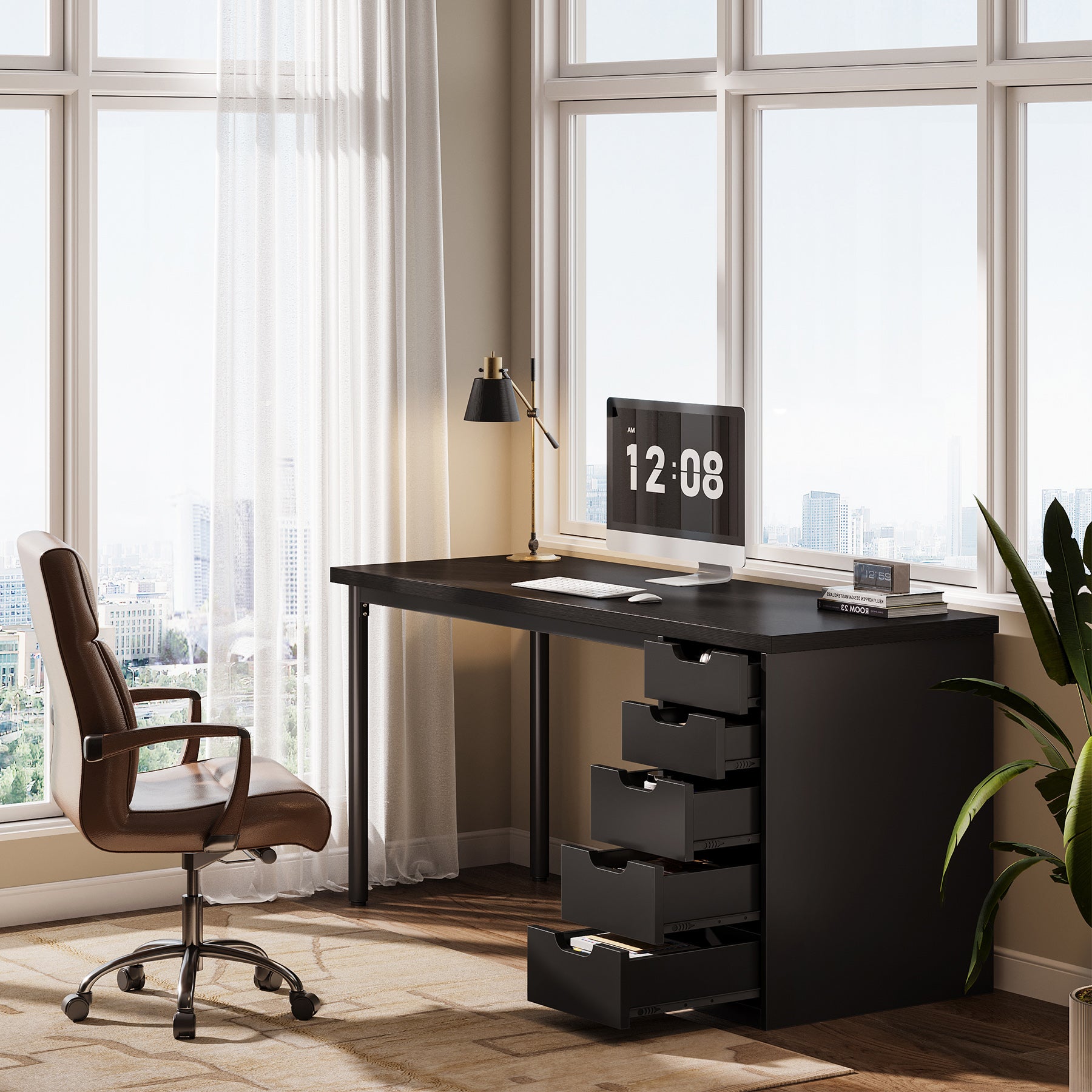 Tribesigns 47" Computer Desk with 5 Reversible Drawers, Rustic Home Office Workstation