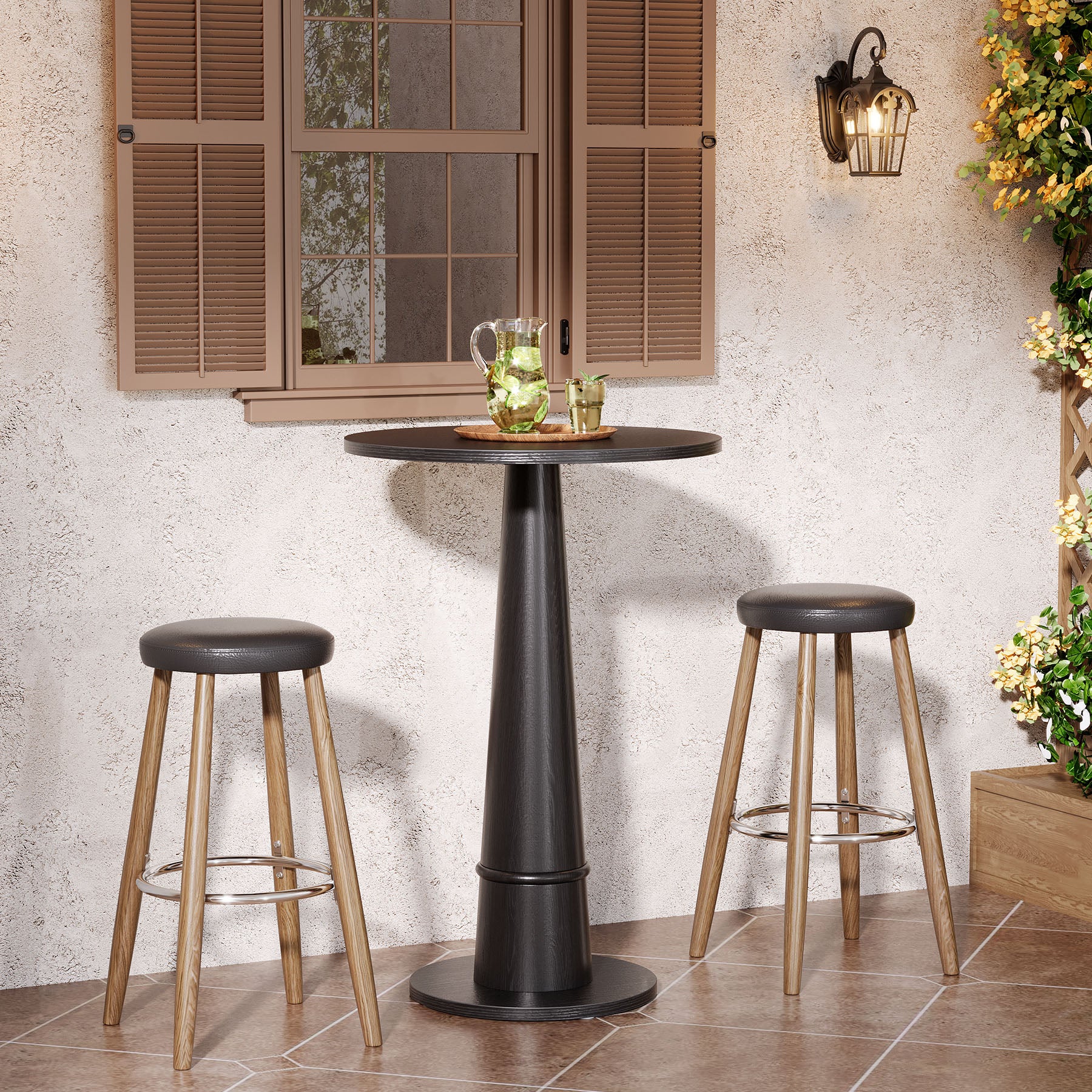 Round Bar Table, 37.4" High Pub Cocktail Table with Solid Wood Pillar