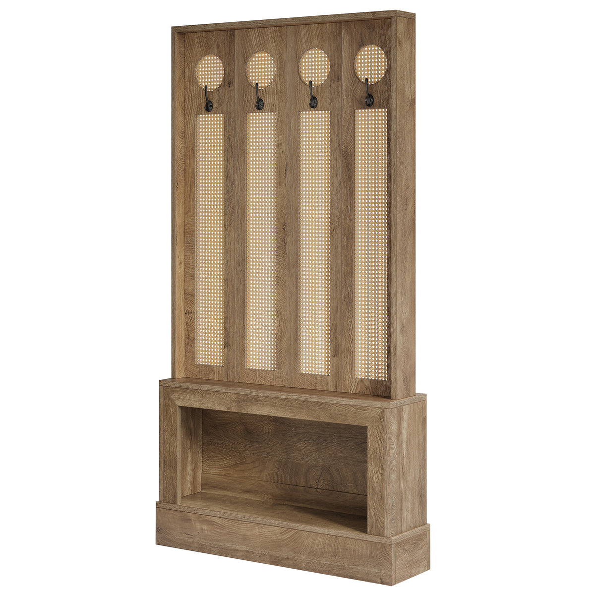 69.7" Hall Tree with Shoe Storage, Rattan Coat Rack with LED Light, 4 Hooks for Hallway